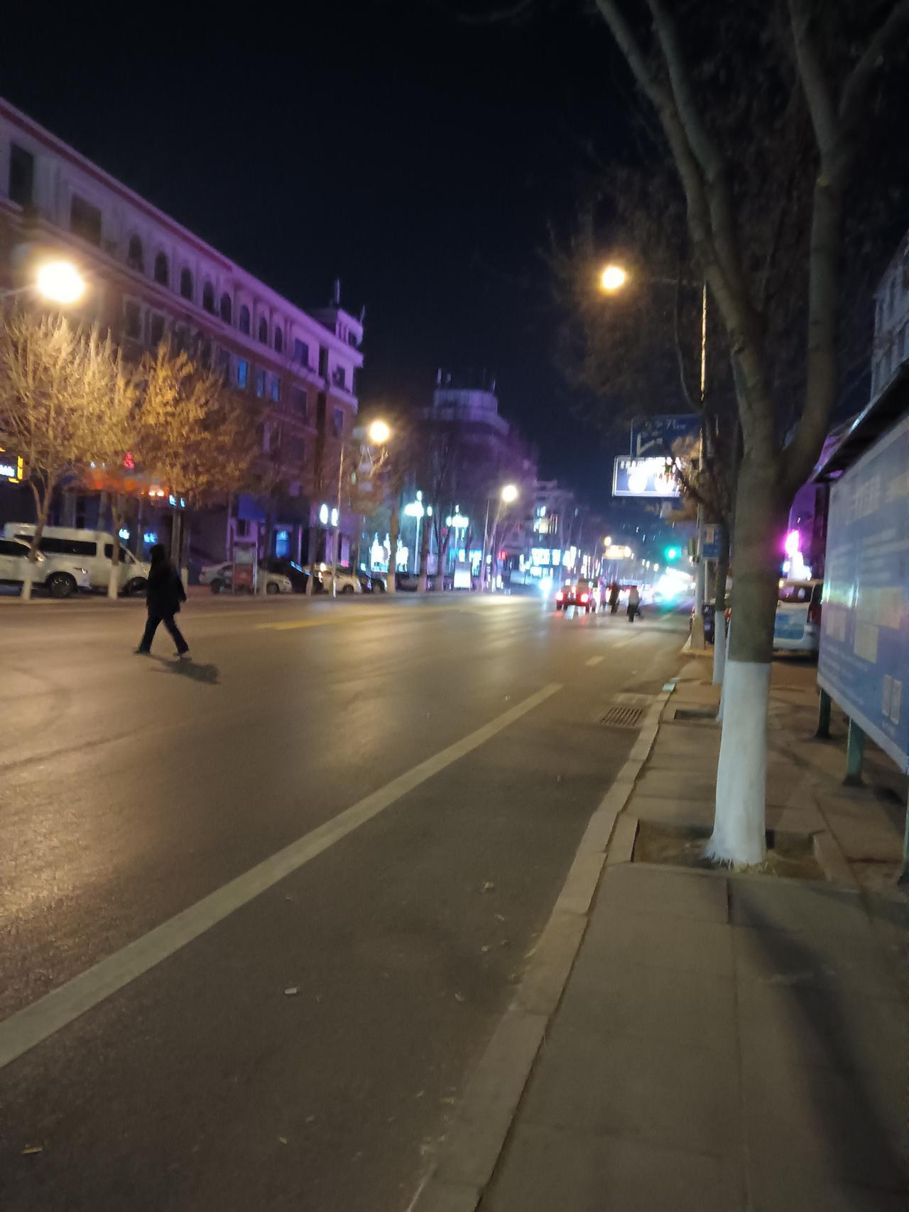 夜晚的街道，灯火阑珊，行人匆匆，车流不息。