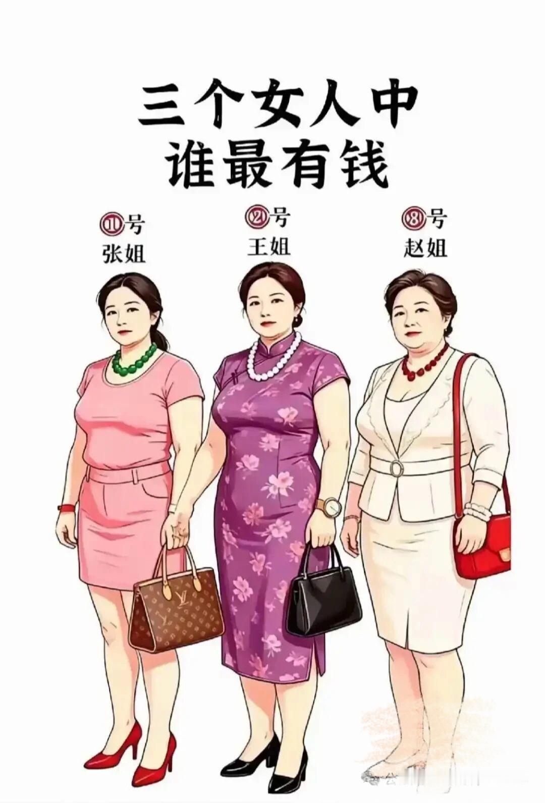 大家看一下，这三个女人谁才是最有钱的那一个？别被衣服和包包骗了哟。看似毫无头绪，