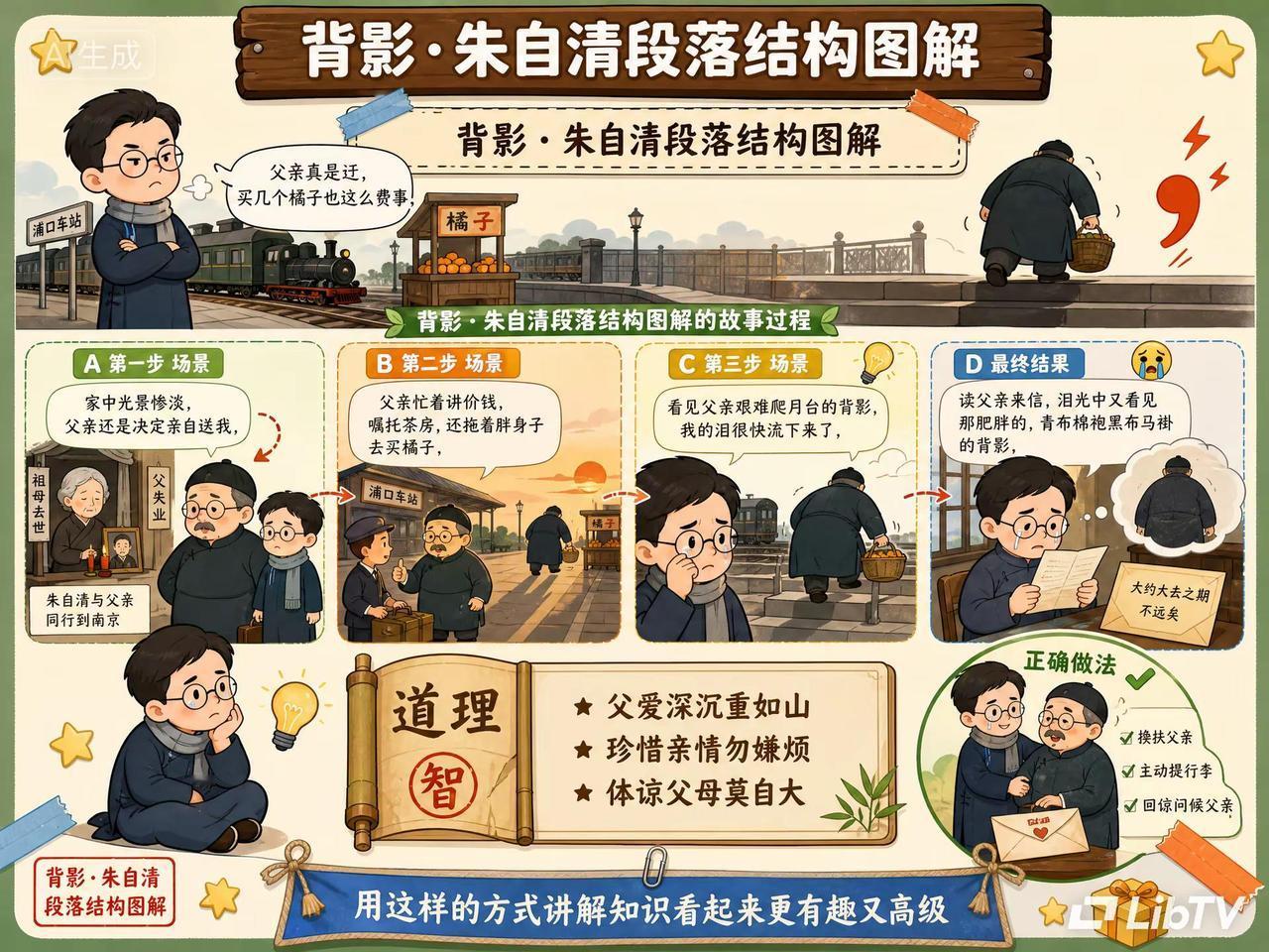 一张图看懂《背影》，孩子主动背课文。很多人以为《背影》是成语？其实它是朱自清的散