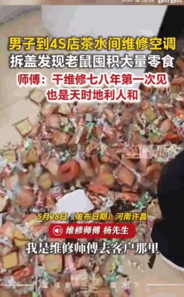 一家汽车4S店内，维修师傅在拆开茶水间的空调检修时，意外发现了一幕罕见场景：空调