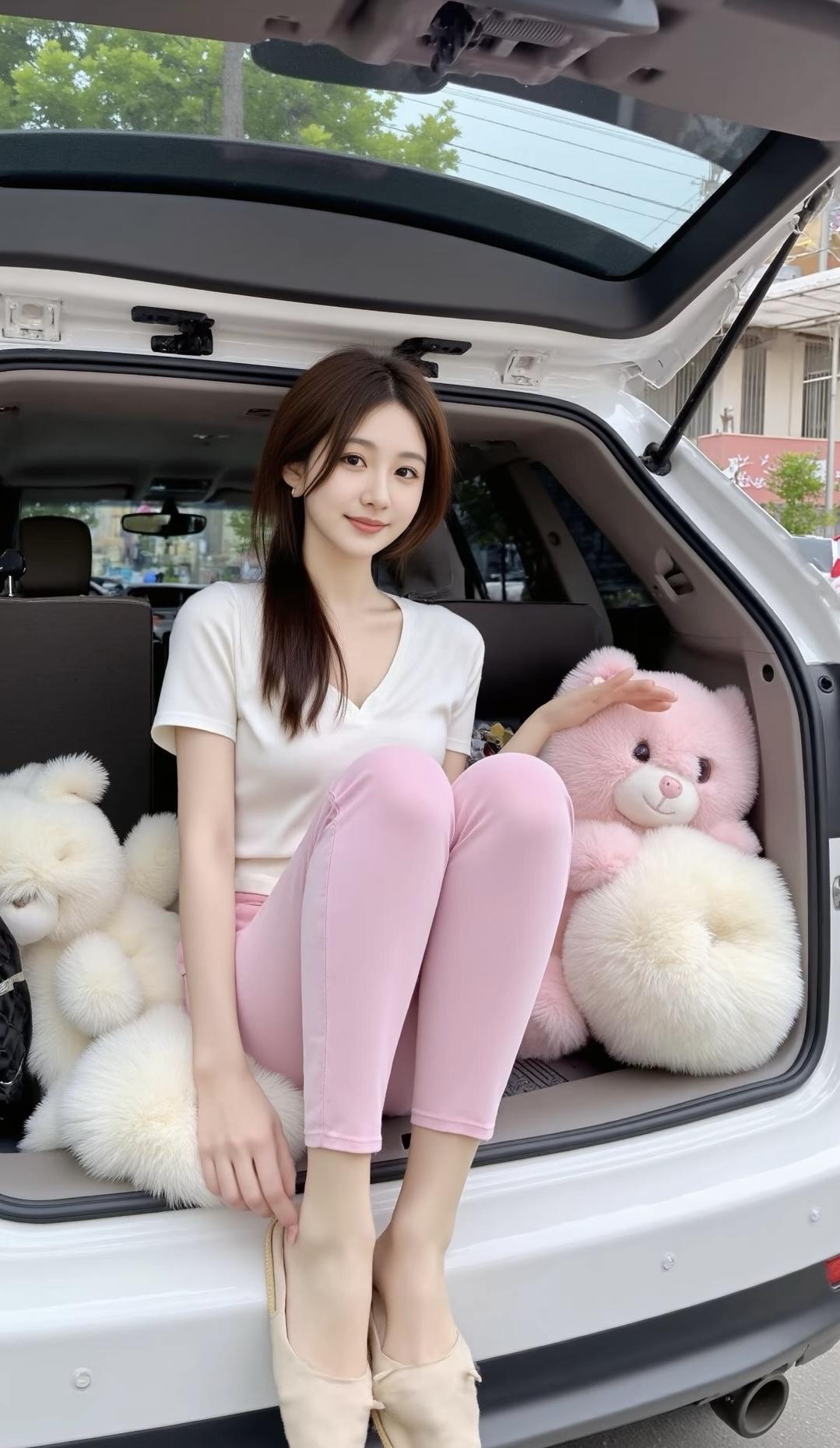 粉色（裤、大熊）+ 白色（衬衫、小熊、枕头）+ 米白（小熊、车身），色调柔和统一