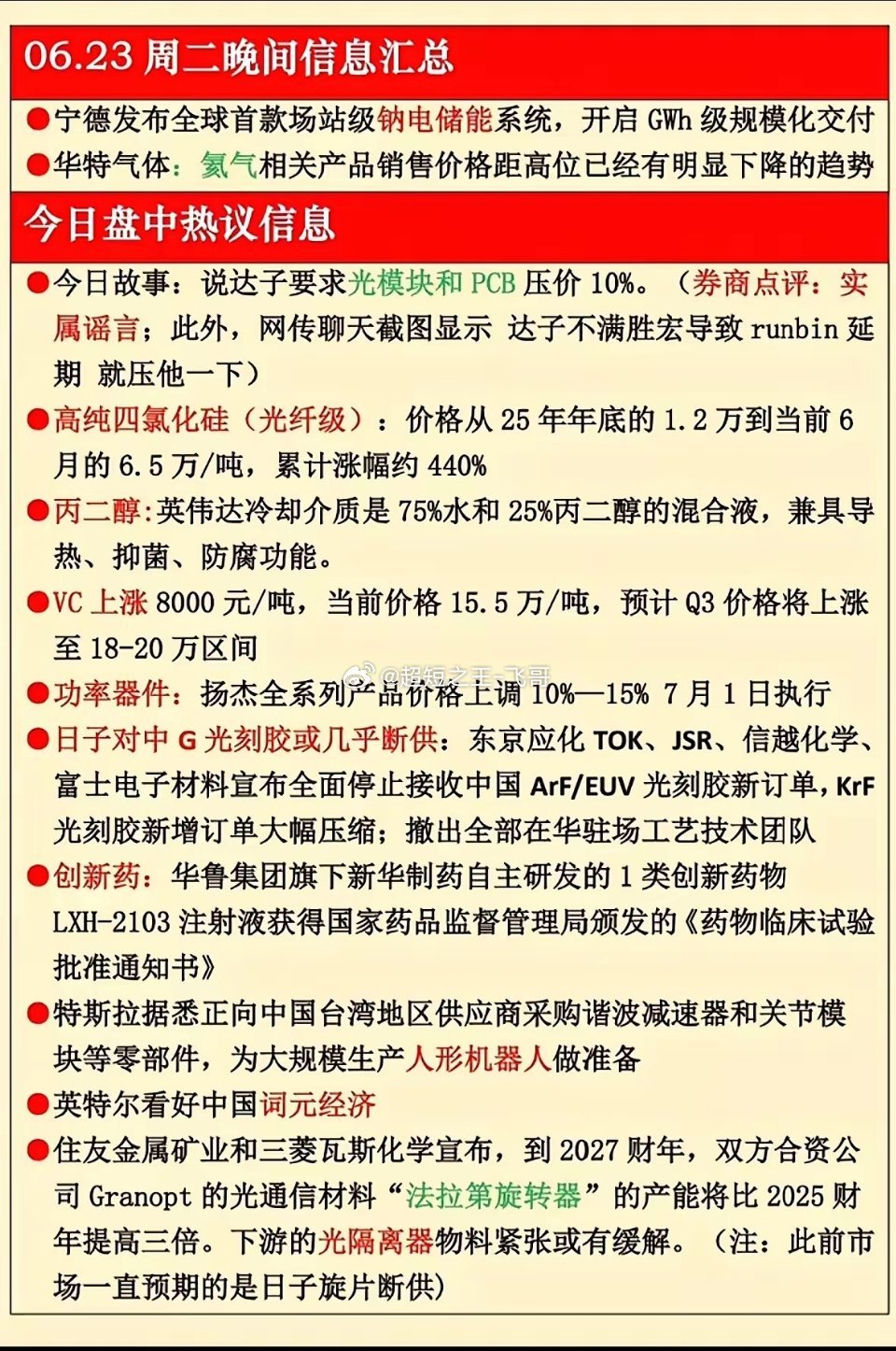 6月23日周二晚间新闻钠电储能全球首发！光刻胶断供传闻、人形机器人备货，科技圈今