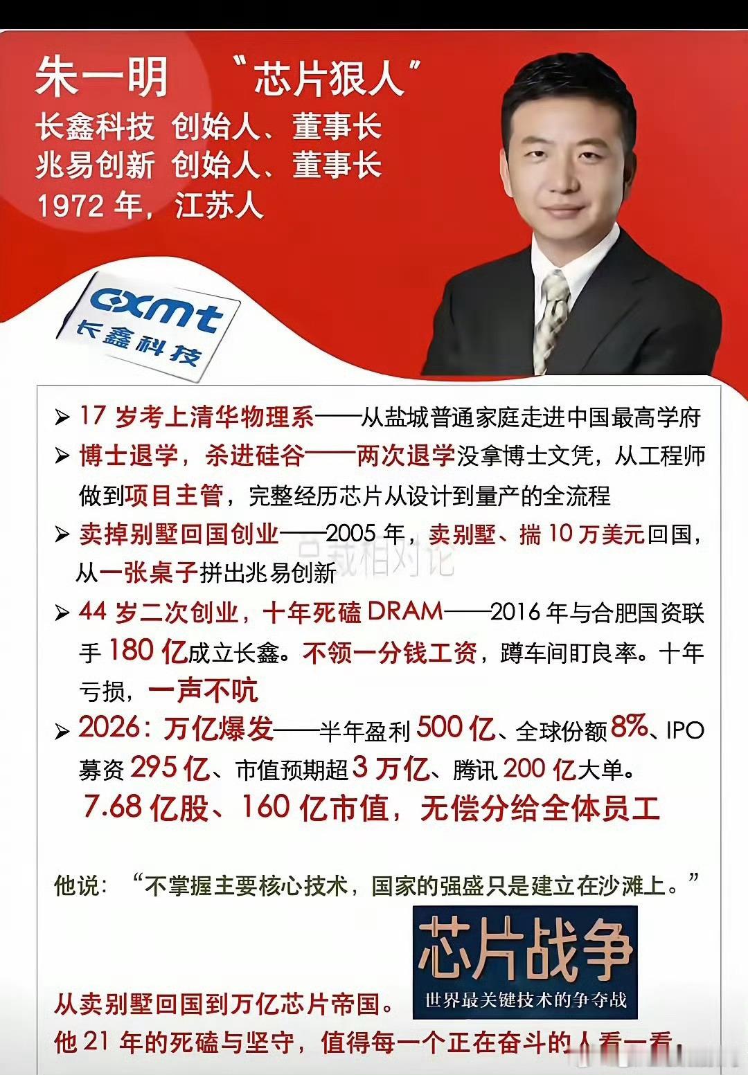 “芯片狠人”朱一明！长鑫科技创始人，卖别墅回国创业，10年亏损一声不吭，如今缔造