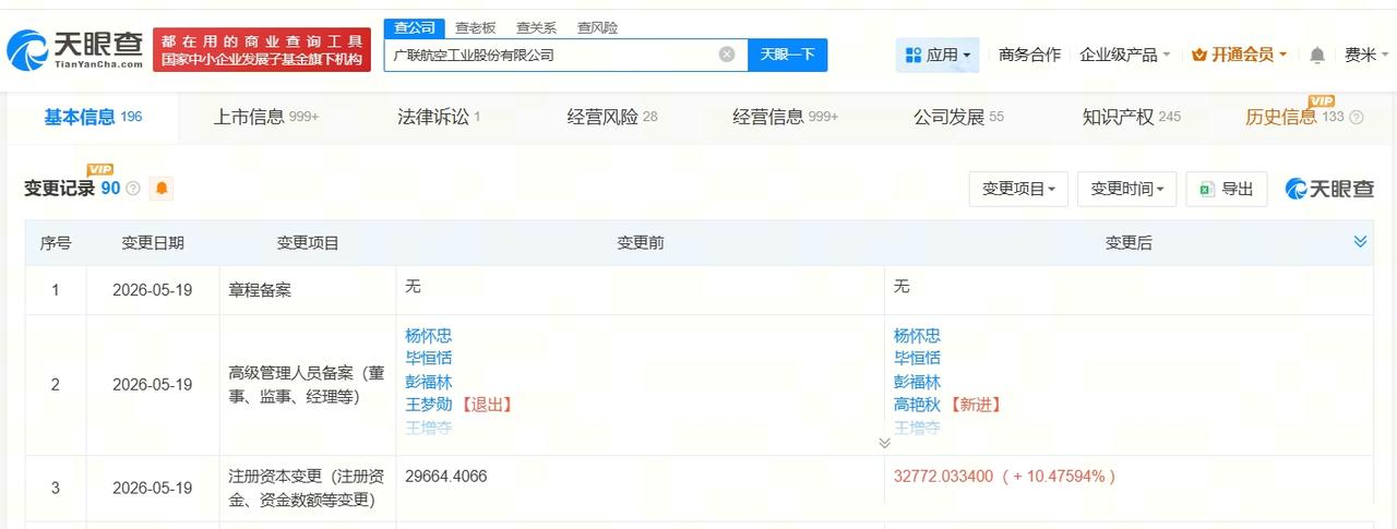 广联航空增资至3.3亿 增幅约10%

天眼查App显示，近日，广联航空工业股份