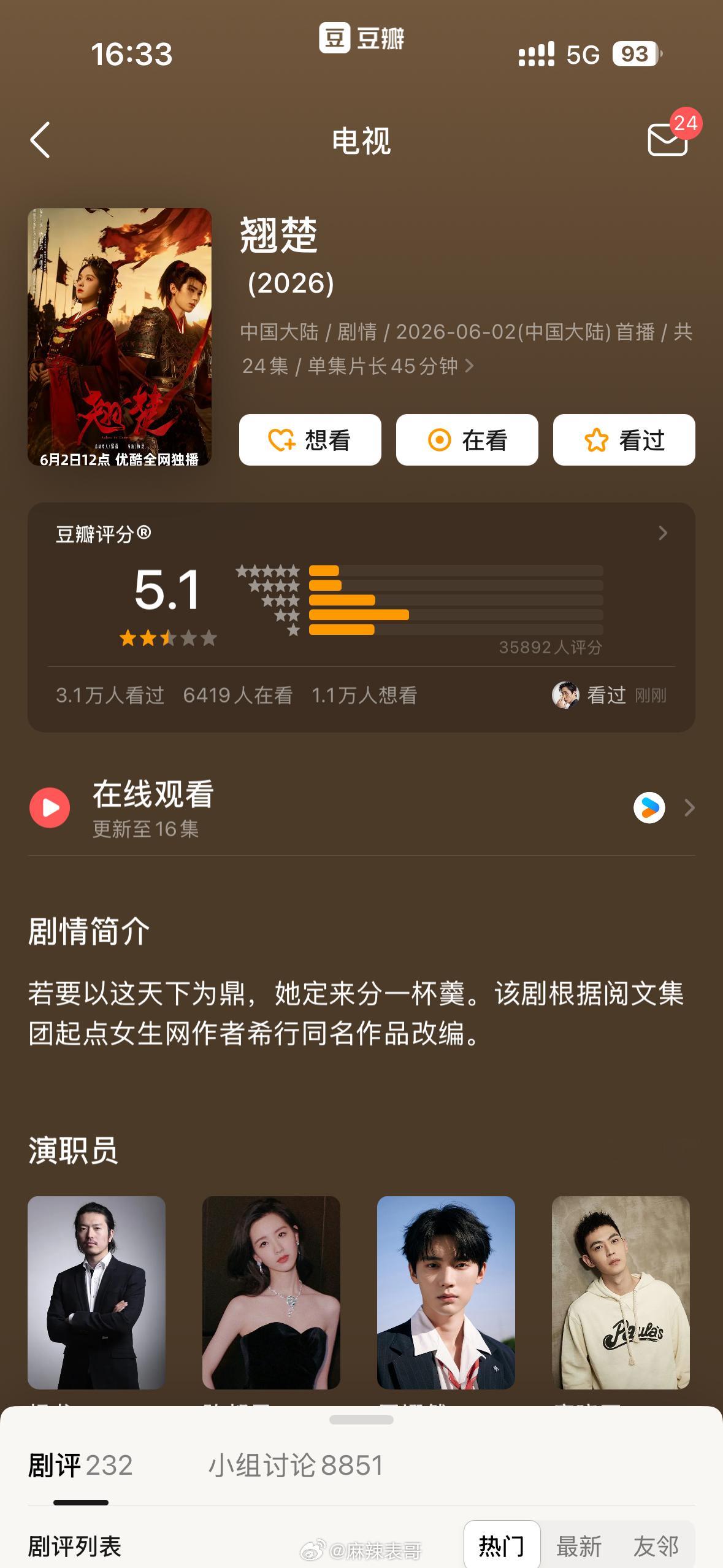 陈都灵和周翊然主演的《翘楚》豆瓣开分5.1分 