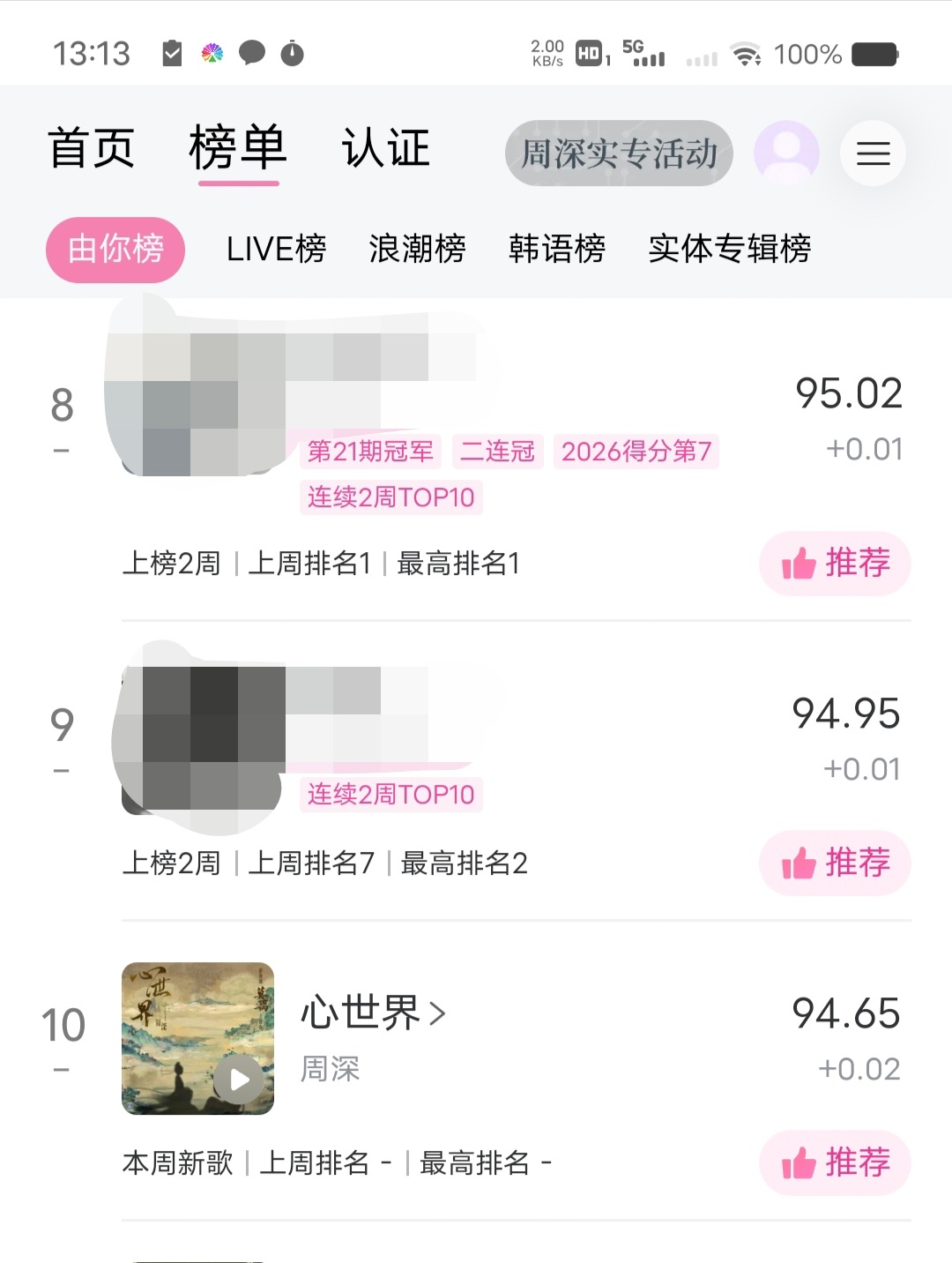 周深周深献唱莫离主题曲心世界    🎉撒花， 《心世界》冲上top10了，加油
