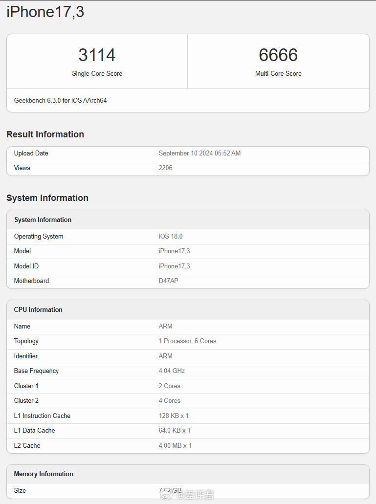#差评说数码# 苹果 A18 系列芯片跑分来了，图 1 为 A18（iPhone