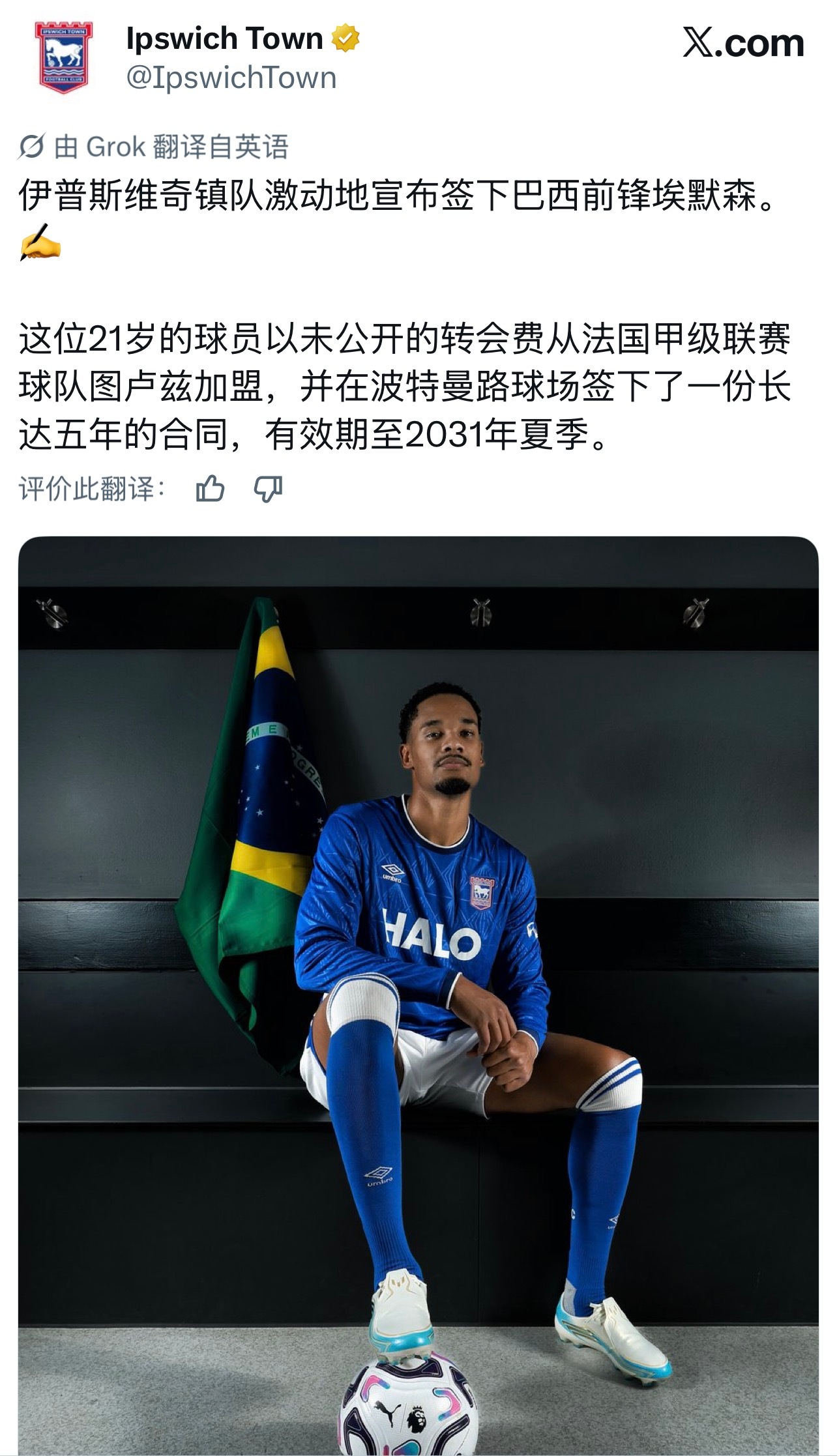 几支保级队争抢的图卢兹前锋埃莫森加盟伊普斯维奇📝 