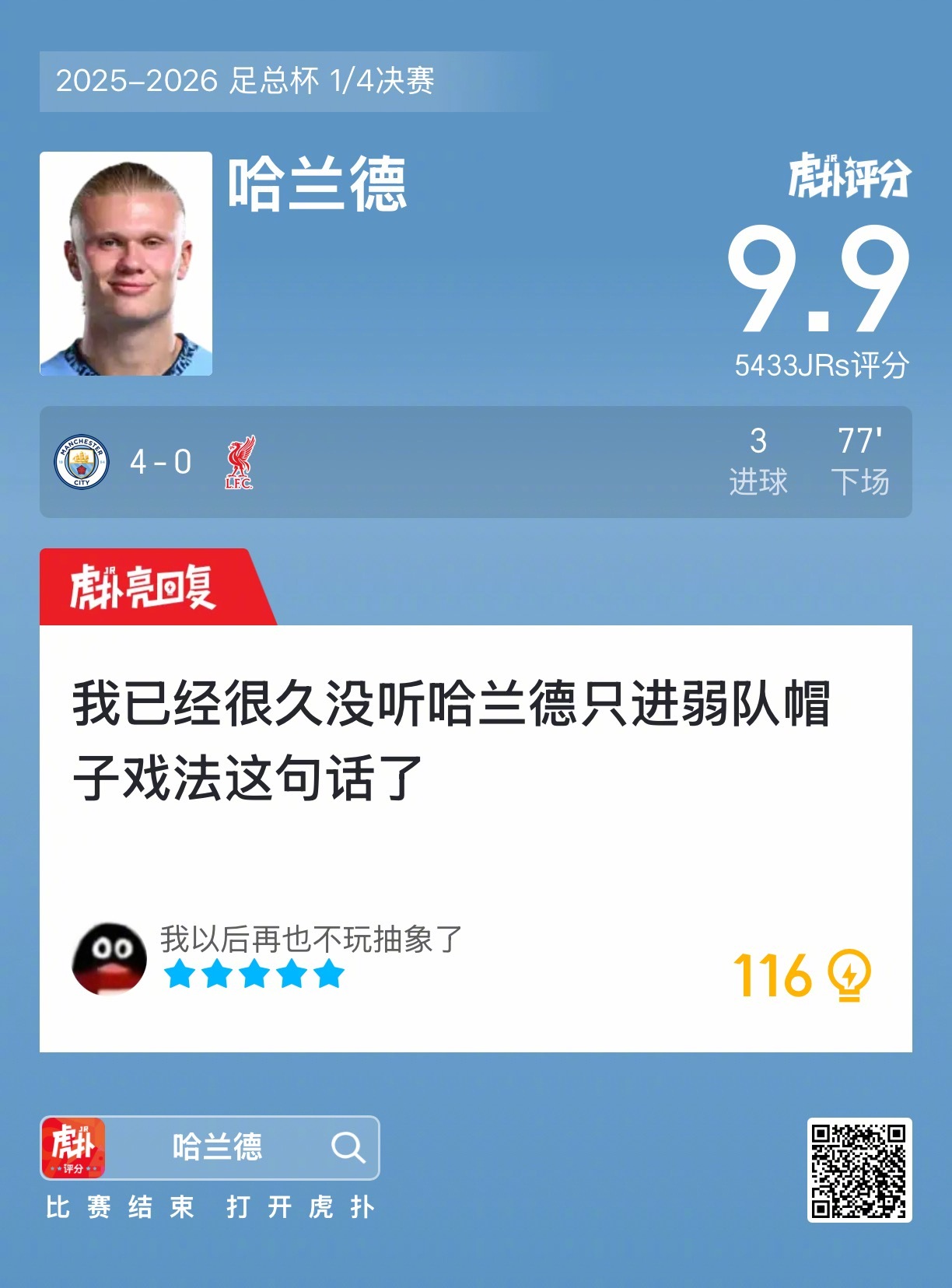 曼城4比0利物浦哈兰德打进三球，赛后收获9.9的虎扑评分！ 