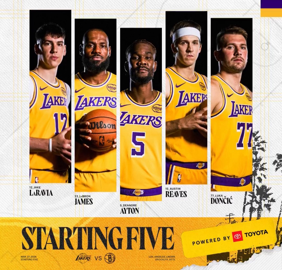 湖人首发：东契奇、里夫斯、拉拉维亚、詹姆斯、艾顿篮网首发：特拉奥雷、鲍威尔、威廉