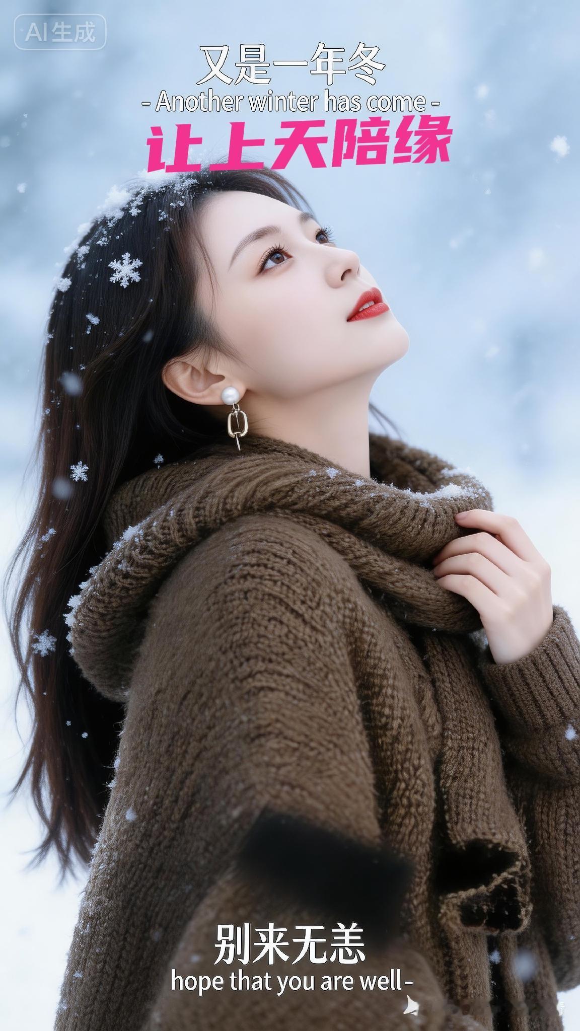 画面中的人物留着长发，发间落有雪花，围着白色粗针织围巾，身着图一中同款衣服，还搭