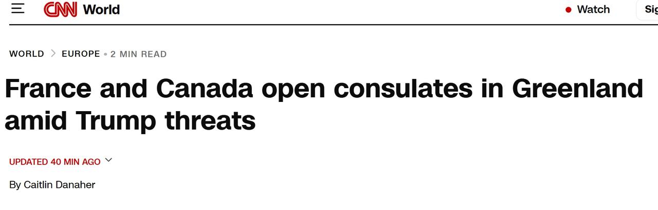 为了应对特朗普的威胁,法国和加拿大在格陵兰设立领事馆
当地时间周五，法国和加拿大
