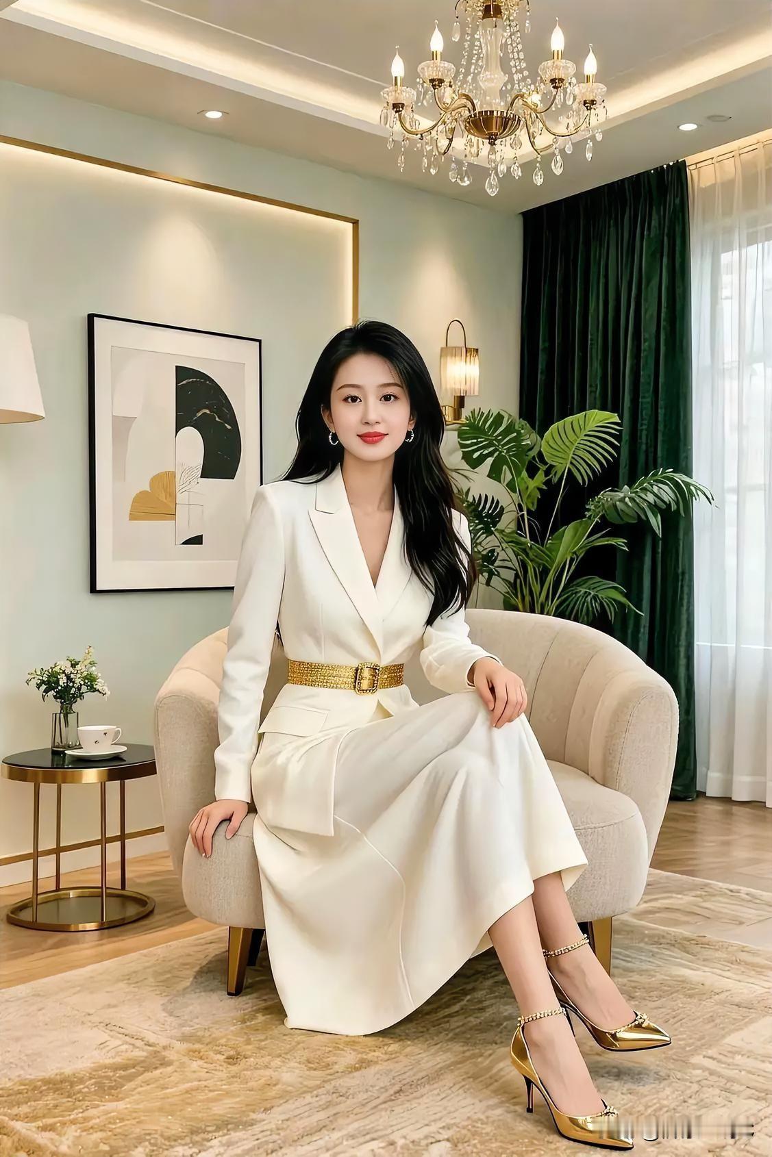 这位美女太美了吧！一袭白衣黑发飘，黄色腰带，金色鞋，看上去高贵典雅，自带气场，长