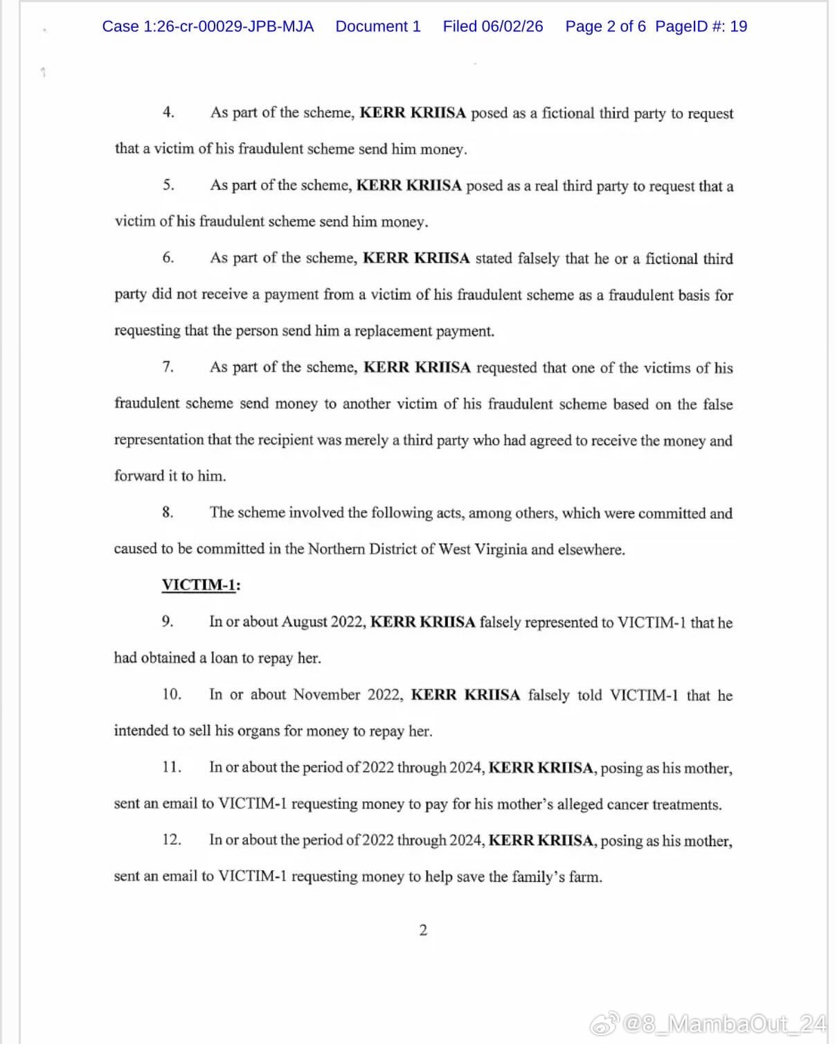 科尔·克里萨(Kerr Kriisa)被FBI正式起诉，涉嫌参与一起金额达220