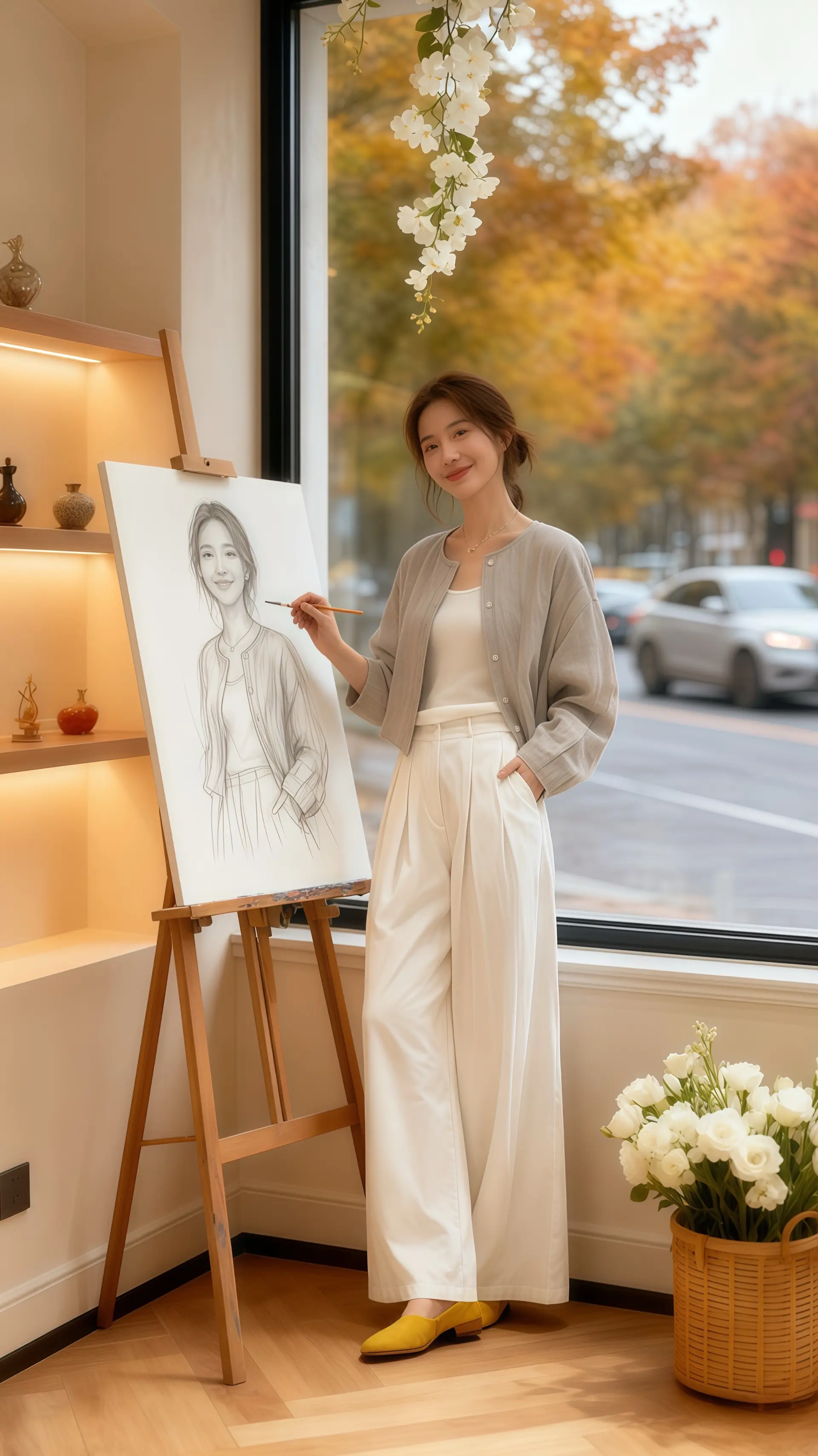 她穿着含蓄休闲风三件套，浅灰开衫、白色内搭与阔腿裤的组合，在温馨室内尽...