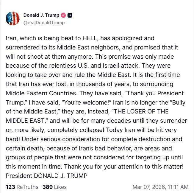 唐纳德·特朗普在其Truth Social平台上发帖称，伊朗正被“打得落花流水”