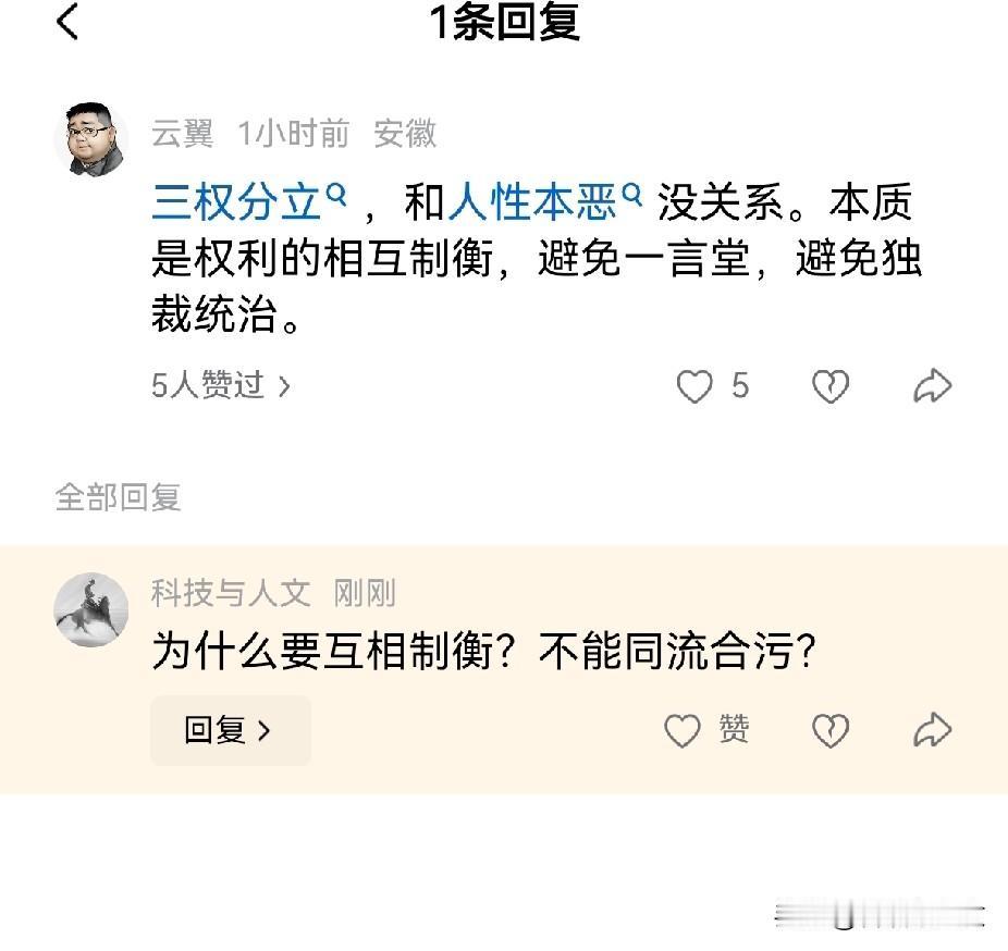 大概羊胎盘都是这种思维有缺的二极管，他们天真的认为只有制衡，没有同流合污，萝莉岛