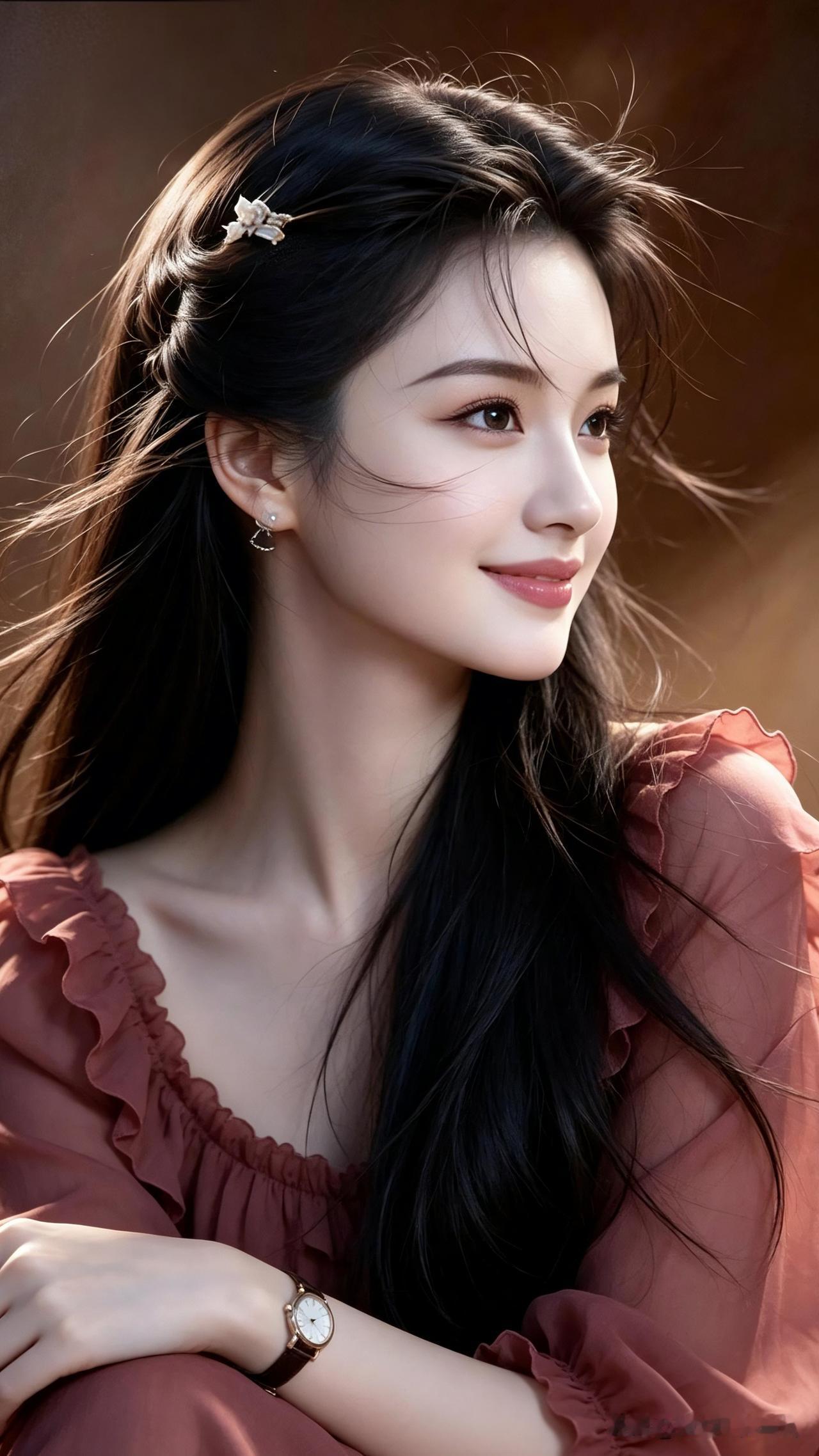 温柔甜美的少女，优雅的长发和精致的妆容，散发着迷人的魅力。