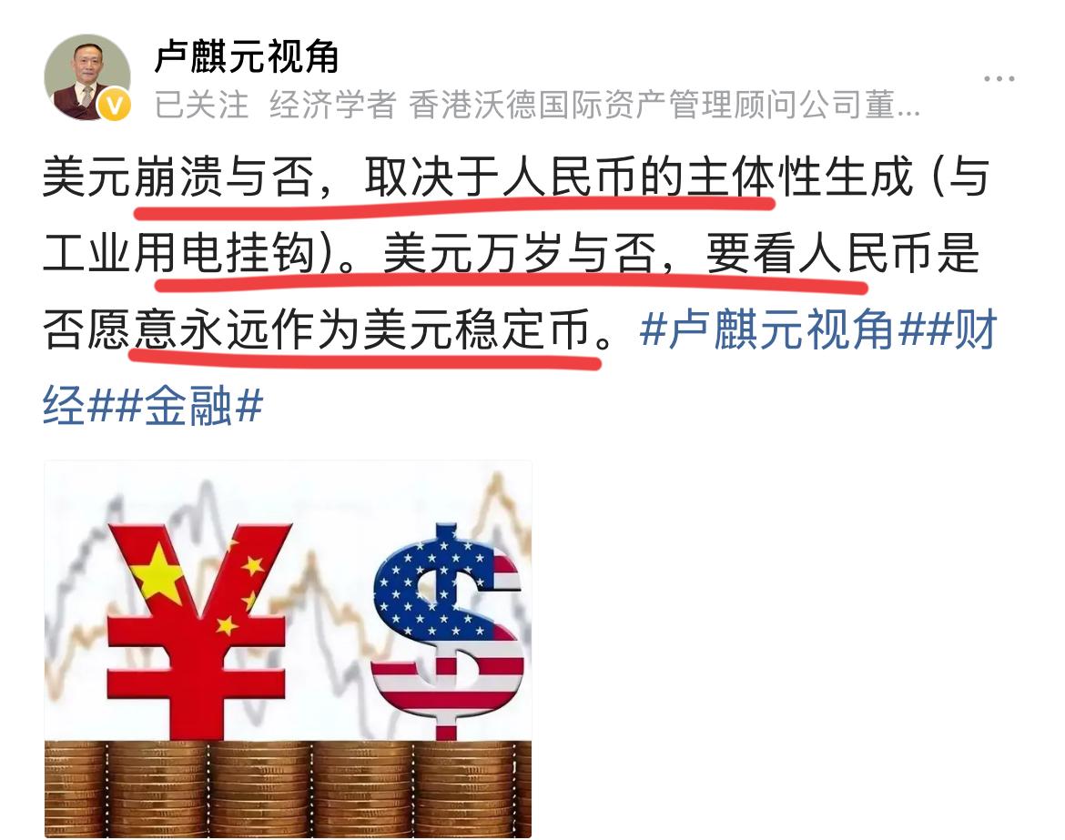 经济学家卢麒元的新观点！！
美元是否崩溃，完全取决于我们；
啥意思呢？
卢总认为