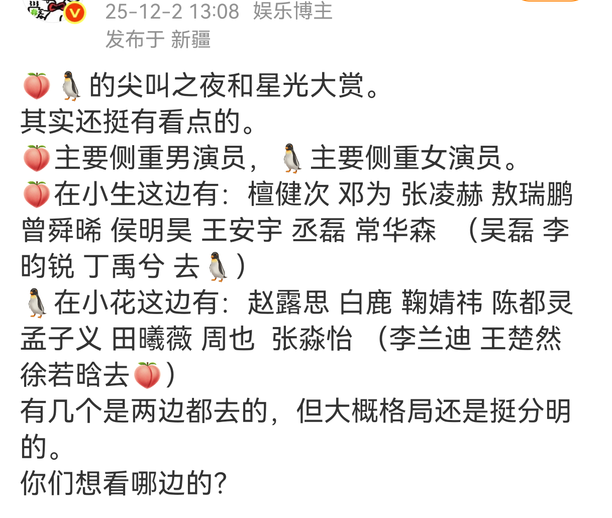 我个人感觉腾讯主要是推新，把舞台给平台选的新生代代表（生花都有），就是平台下一阶