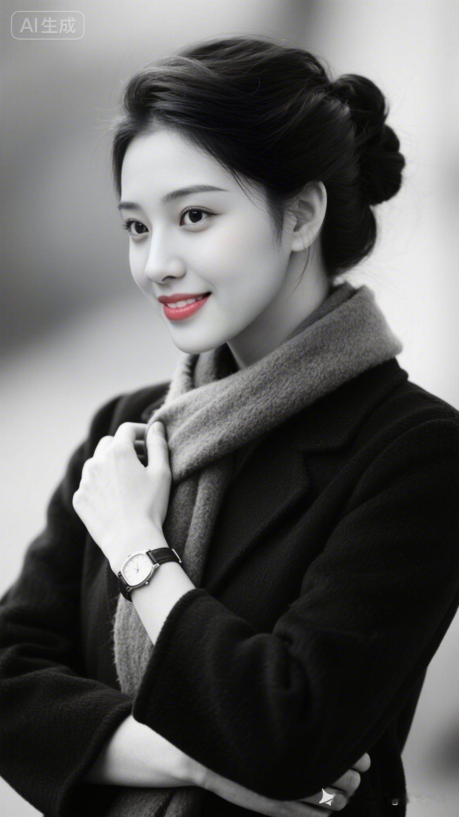 冬日暖阳下的优雅时光，微笑的少女与围巾的温暖相得益彰。