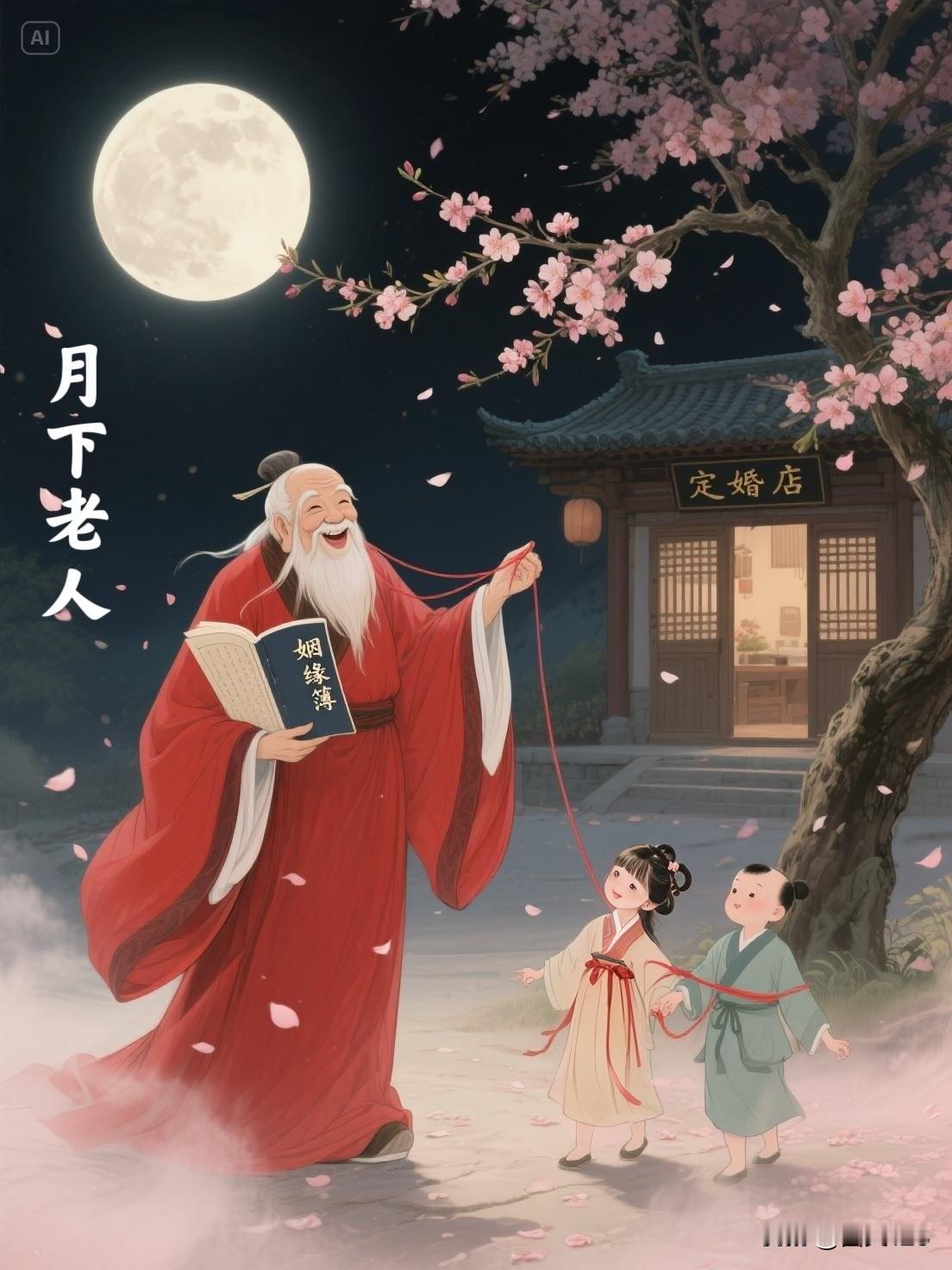 月下老人，传说出自唐代李复言的《续玄怪录·定婚店》，杜陵人韦固遇到月老，被告知会
