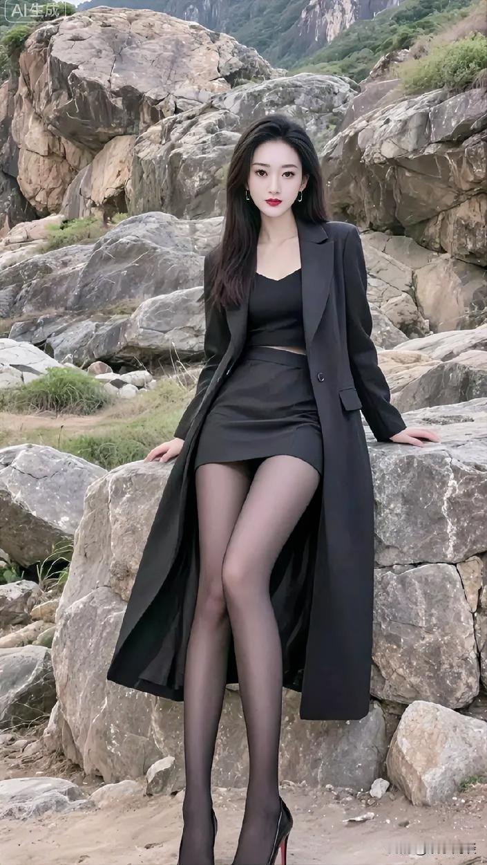 黑衣女神，岩石上的优雅姿态