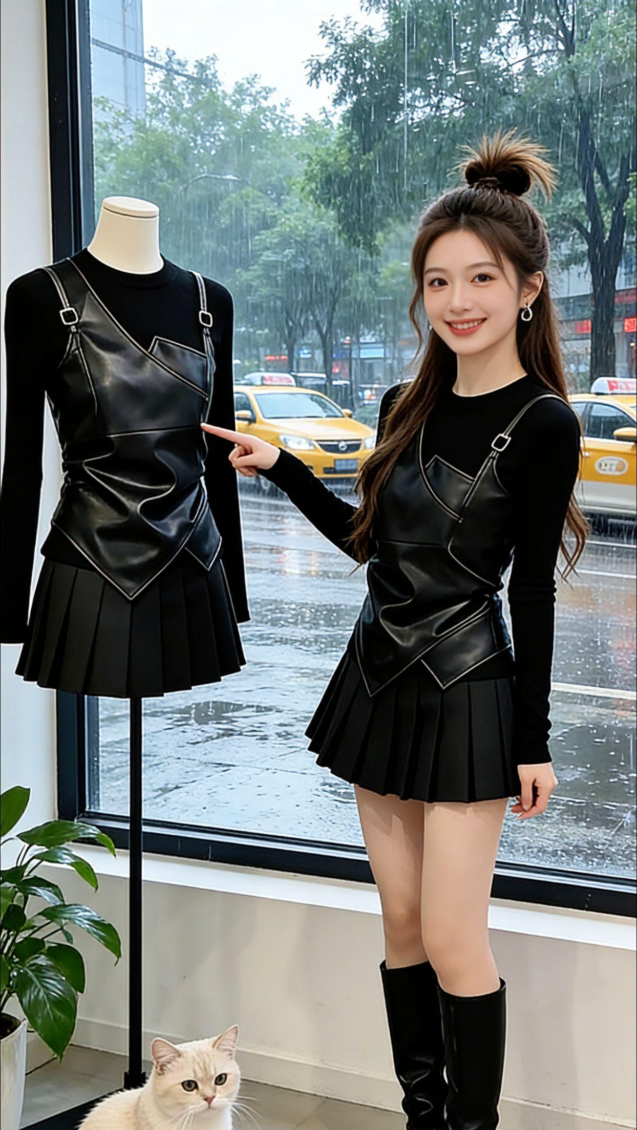 周末跟着Danny解锁酷飒穿搭！皮质拼接圆领T恤自带设计感，修身版型勾勒线条，搭