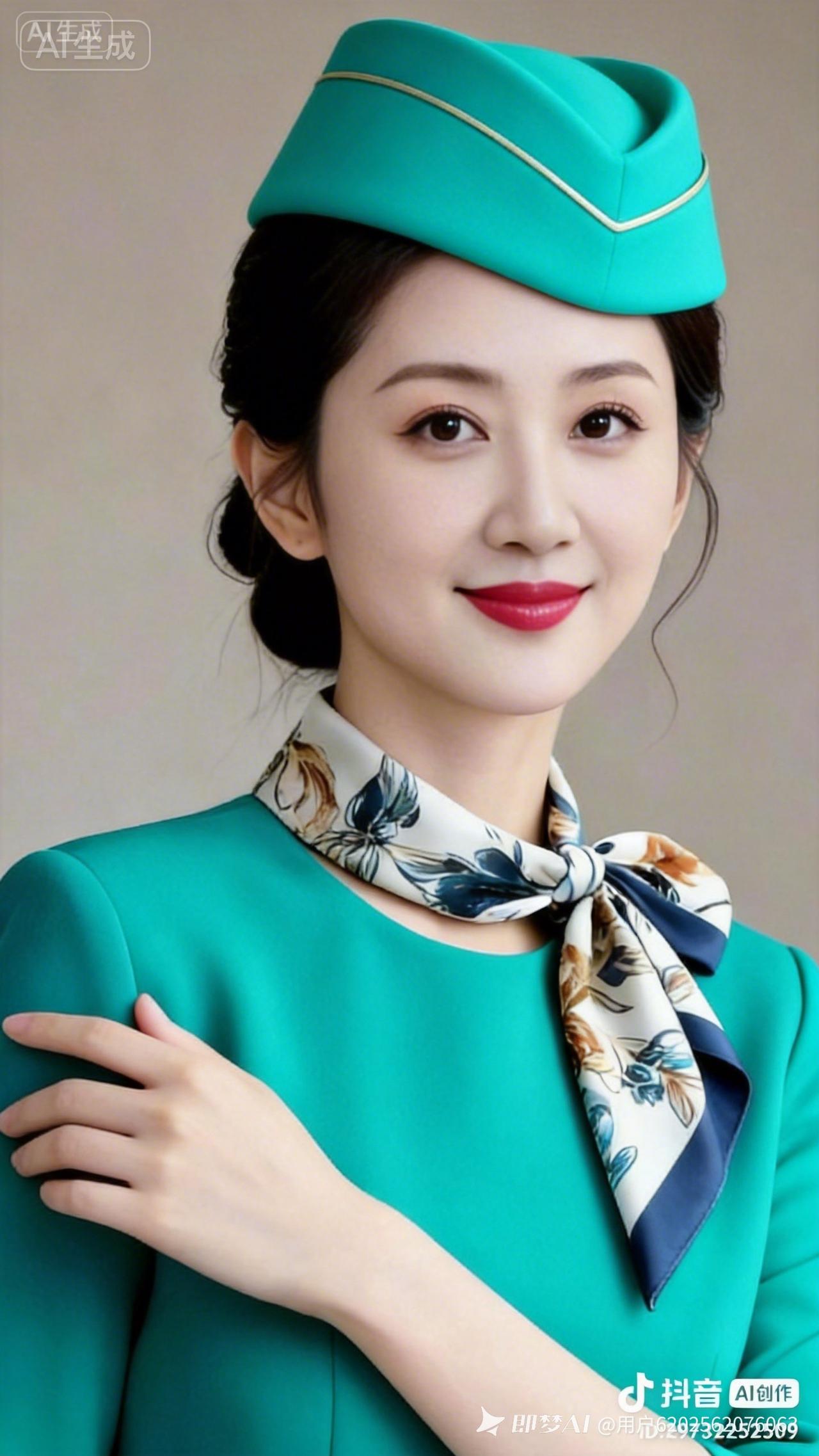 空姐的优雅气质，蓝绿色制服搭配精致妆容，尽显职业魅力！