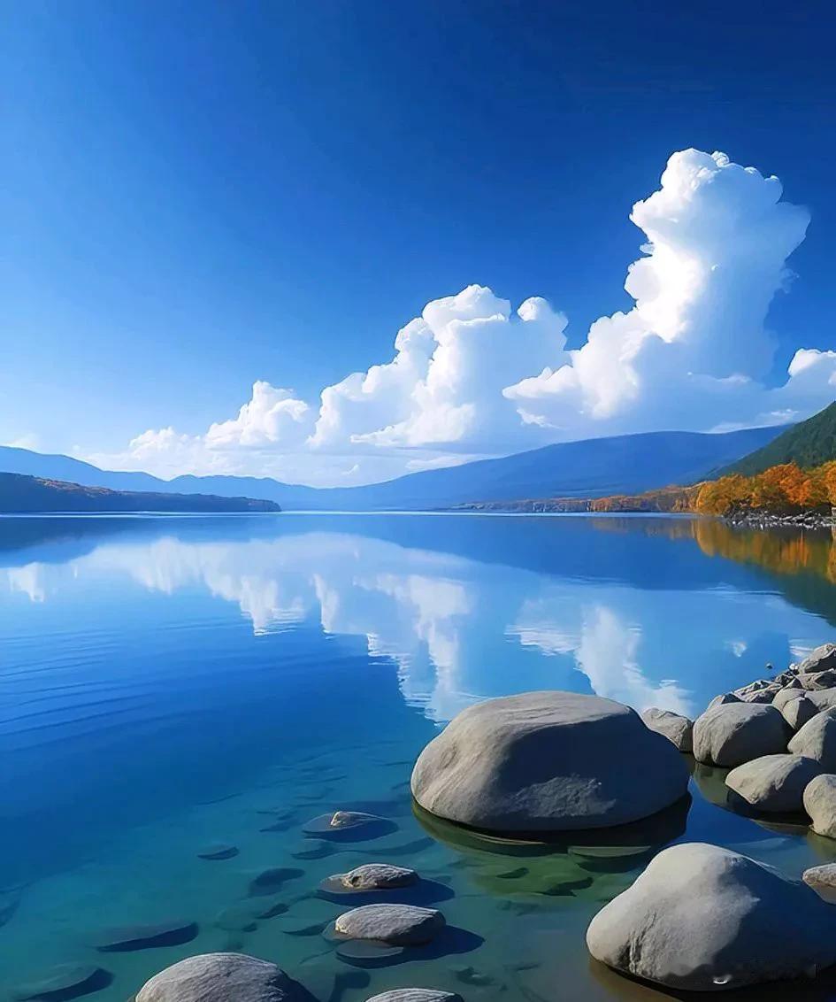 秋日的湖畔，真的如诗如画。湖水静谧得像一面镜子，将天空中的云影清晰倒映，让人仿若