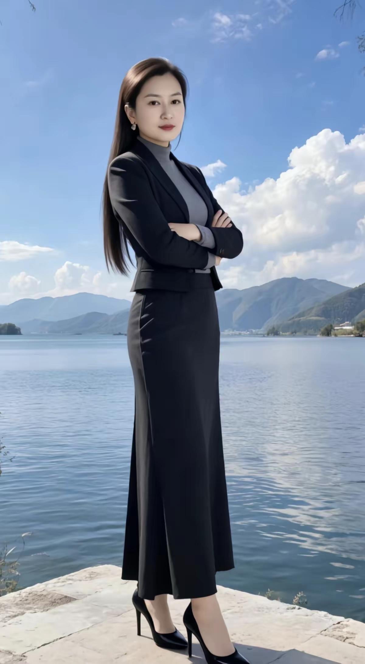 四块玉·江岸佳人
云绕山，清波汇，
山水天然入画扉。
佳人凝立江堤媚，
风韵微，