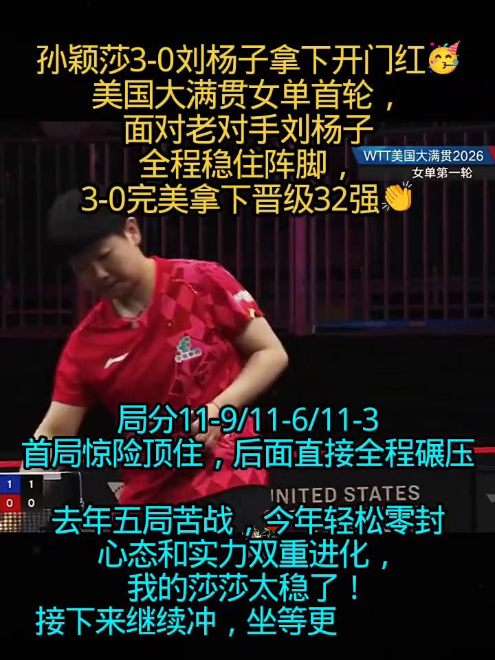 孙颖莎3-0刘杨子拿下开门红。
美国大满贯女单首轮，面对老对手刘杨子全程稳住阵脚