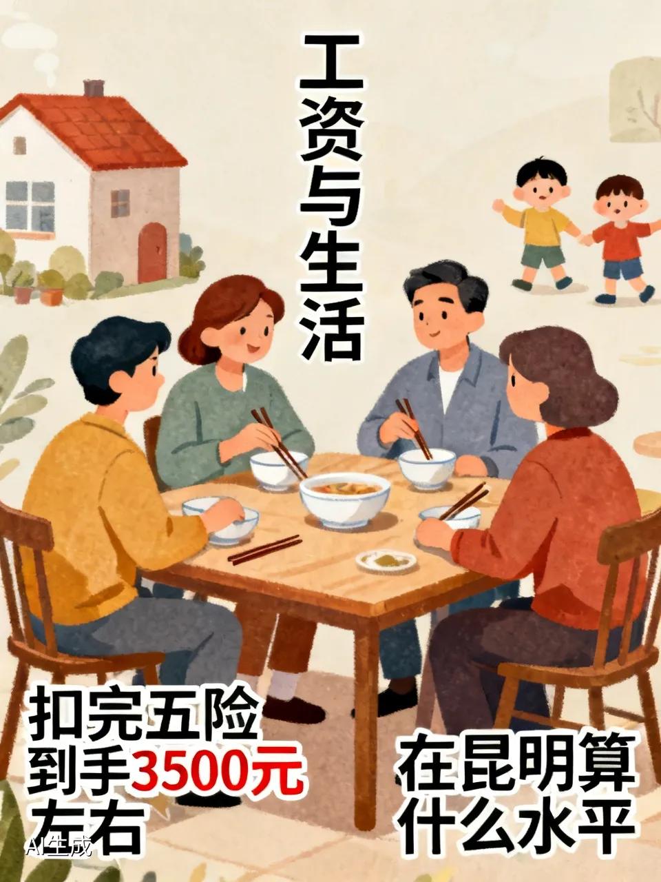 几位同事中午吃饭聊天，说起上月工资，扣完五险到手3500元左右，在昆明算什么水平