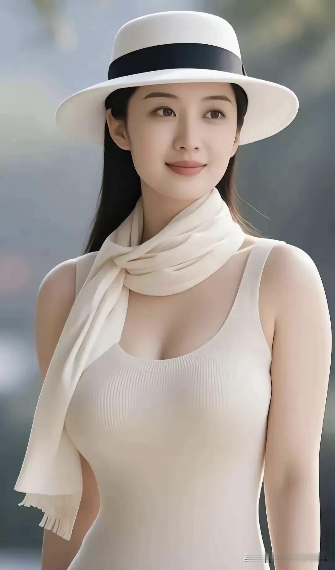 她完美的身材，精致立体的五官，乌黑亮丽的长发，戴着一顶米白的帽子，气质大方，真的