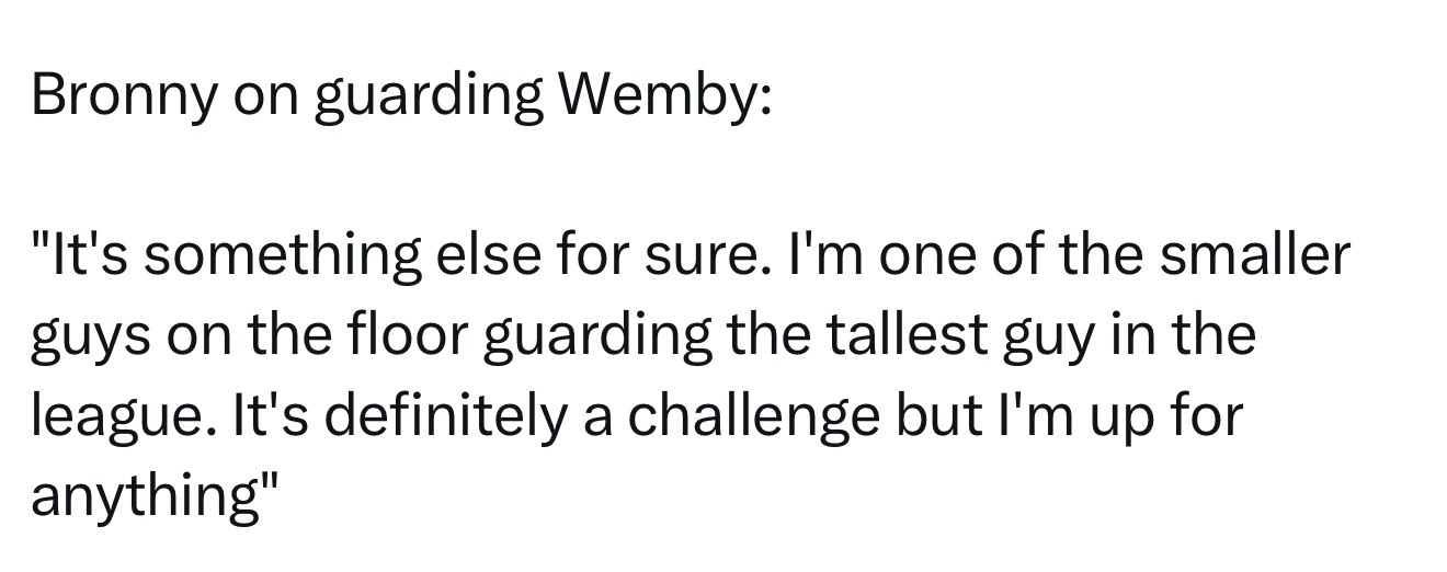 布朗尼谈防守文班亚马：“这肯定很特别。我作为场上个子最小的球员之一，去防守联盟里