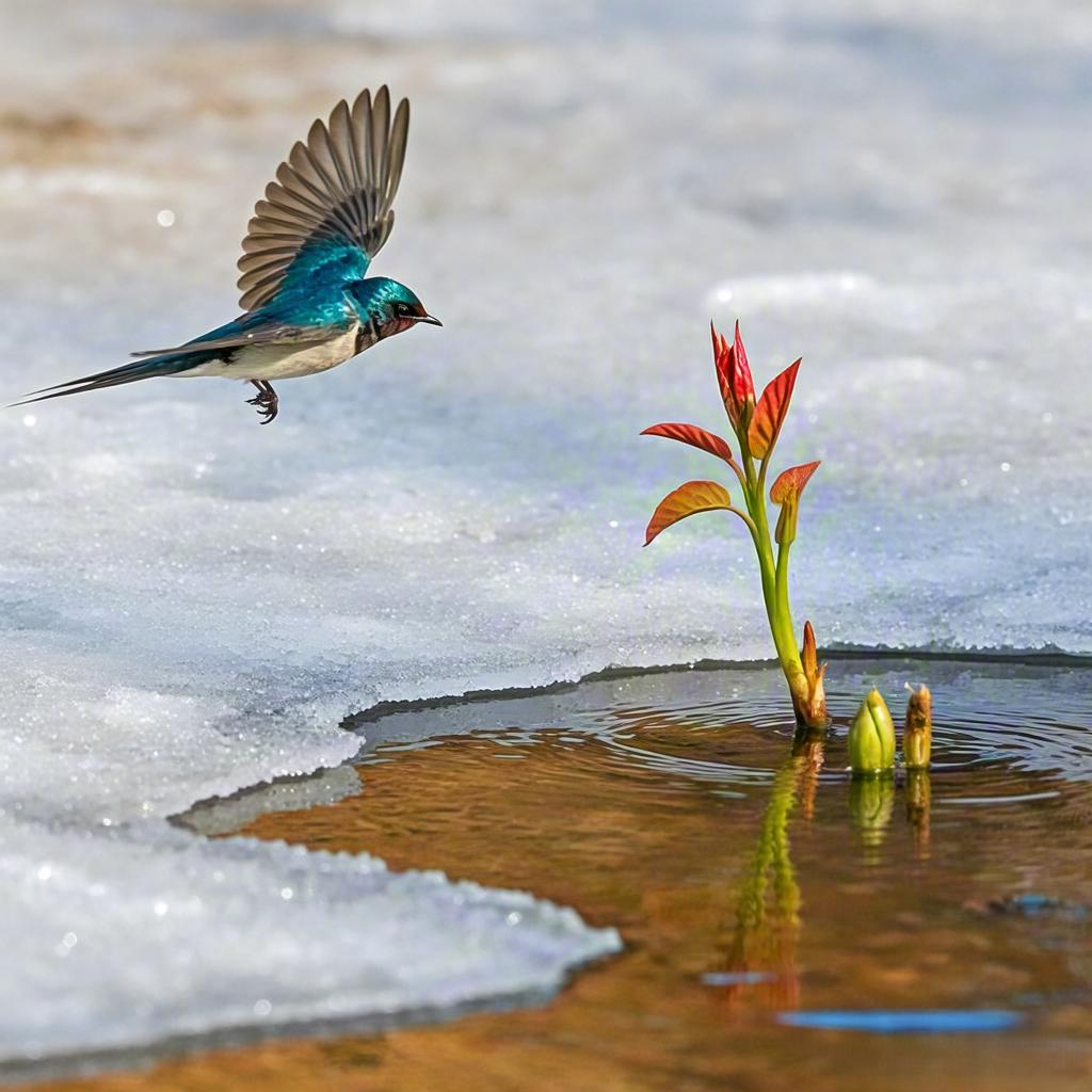 岁首新韶立晓风，
寒消九陌气融融。
冰开浅涧流轻响，
芽破春泥露嫩红。
燕影初回