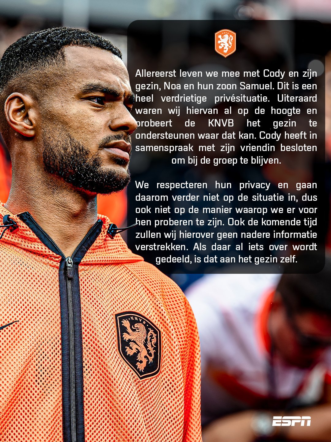 KNVB回应科迪-哈克波未出生儿子离世噩耗首先，我们对科迪及其家人、诺娅和他们的