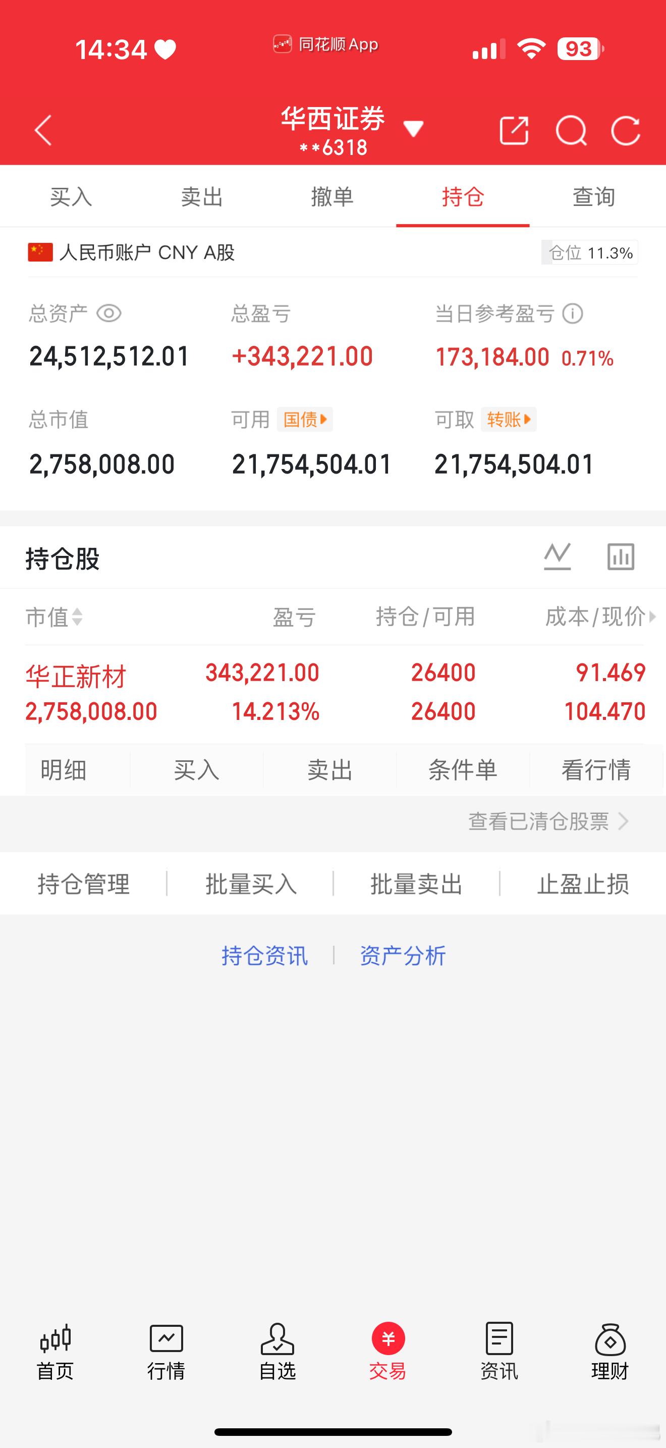 今日持仓不动，继续持有华正新材。趋势不改、资金不散，算力覆铜板主线逻辑依旧顺畅，