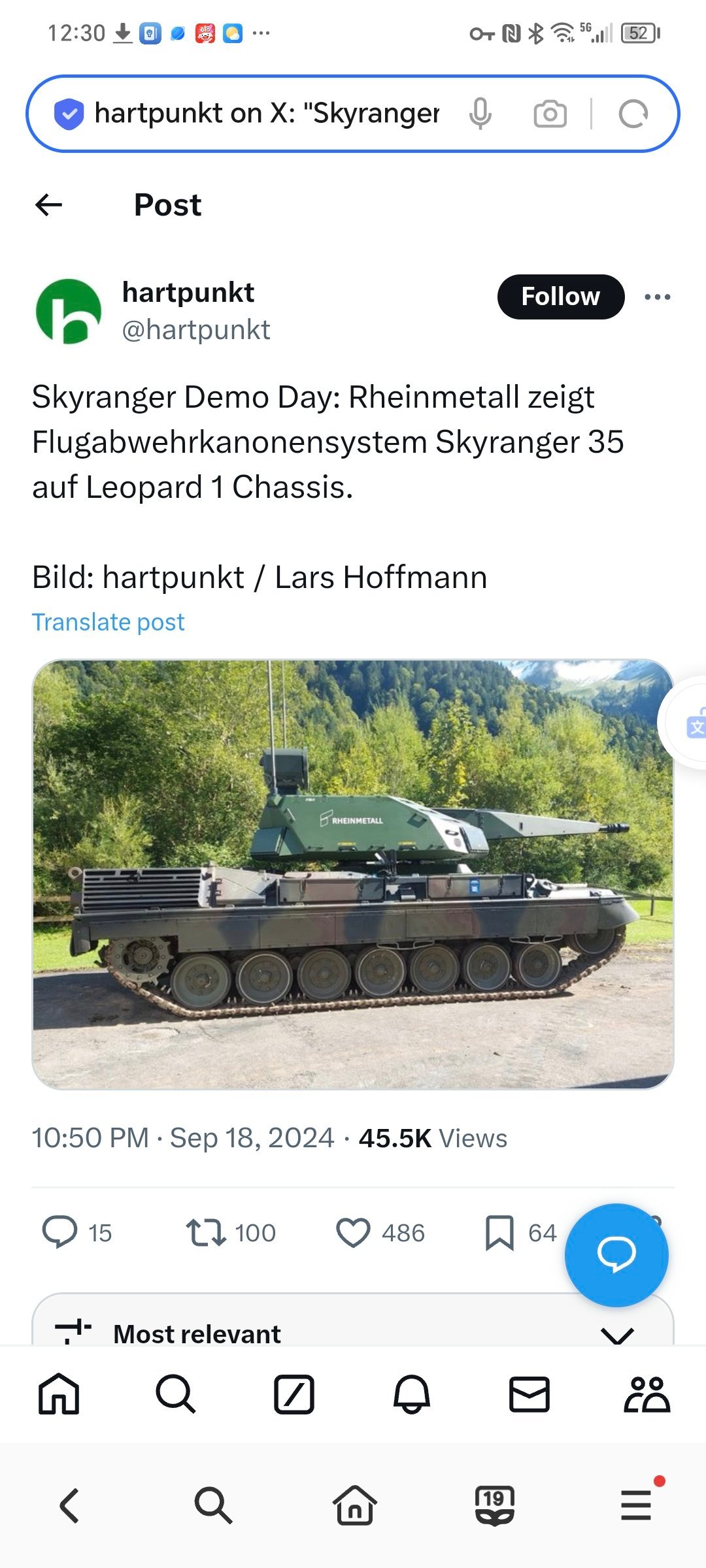 莱茵金属公司展示的，使用豹1底盘上的Skyranger 35防空炮系统。莱茵金属