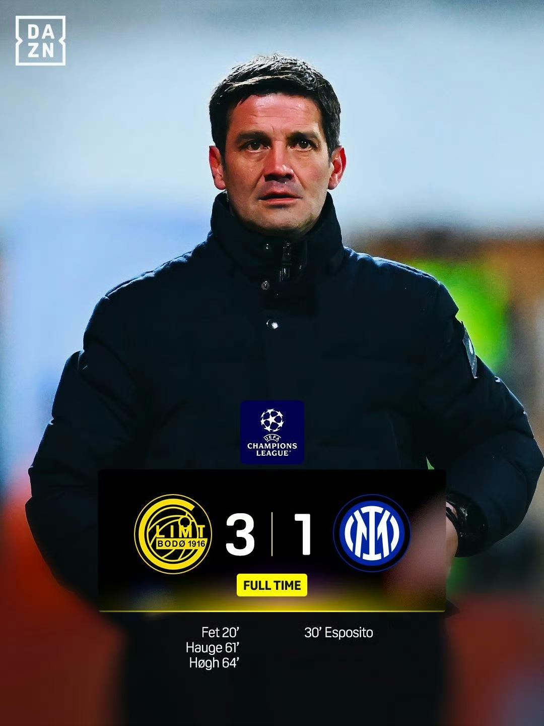 国米输给挪威的博德闪耀，继尤文图斯之后，意甲又一支豪门面临着无缘欧冠16强的尴尬