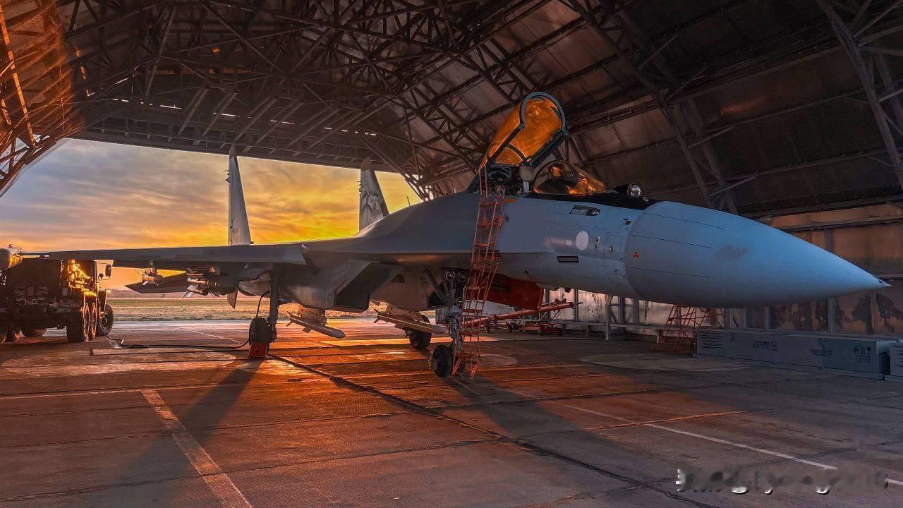 一架停放在防护掩体内的苏-35S战斗机的视图。