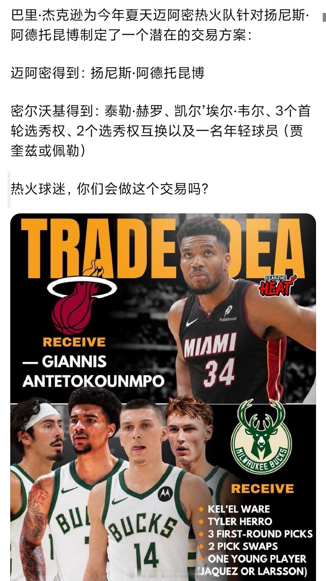 Barry给出热火交易得到字母哥的方案拉尔松不能出，出维尔的话不用再出这么多首轮