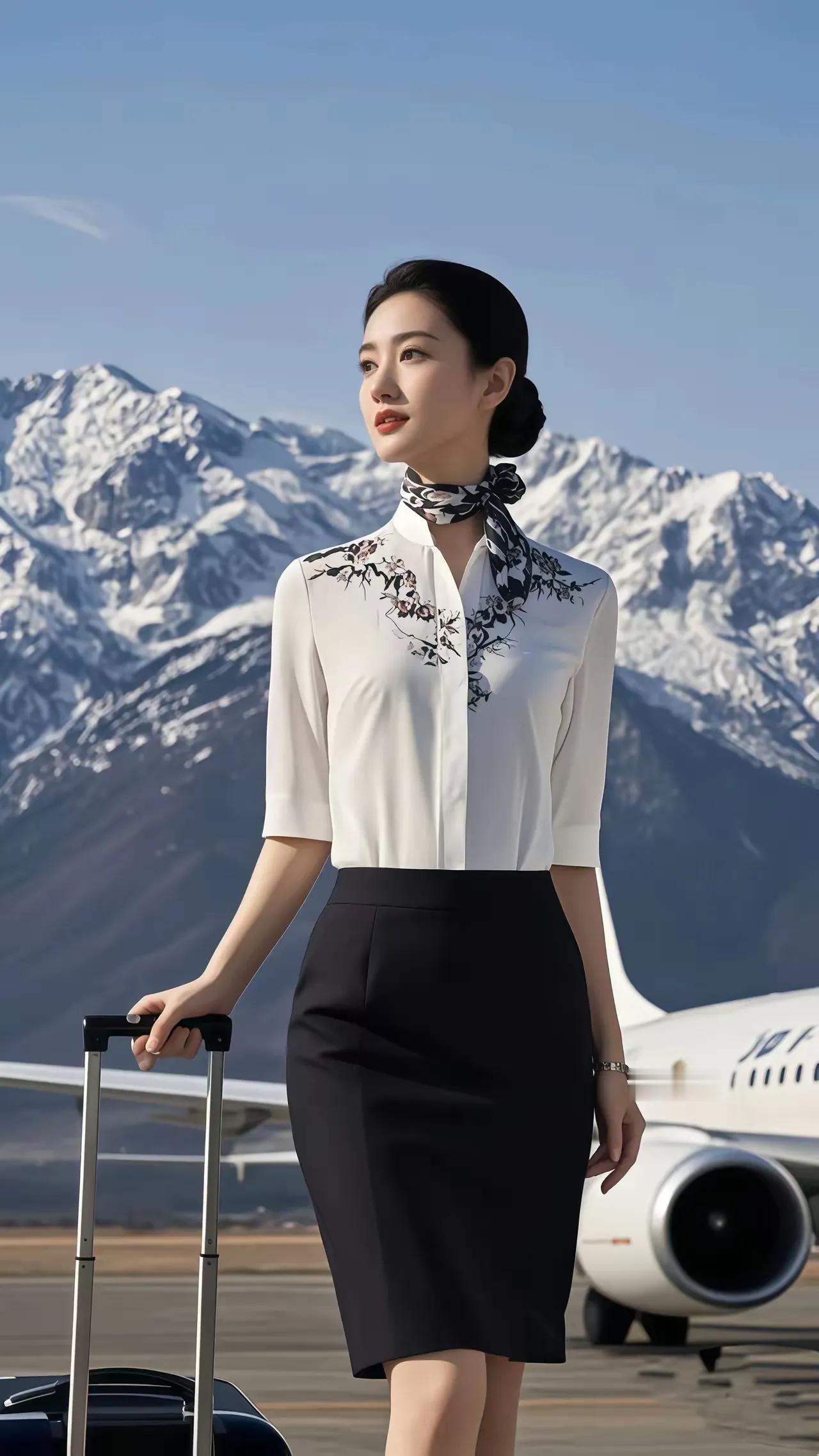 空姐微笑迎接旅客，雪山美景作背景。