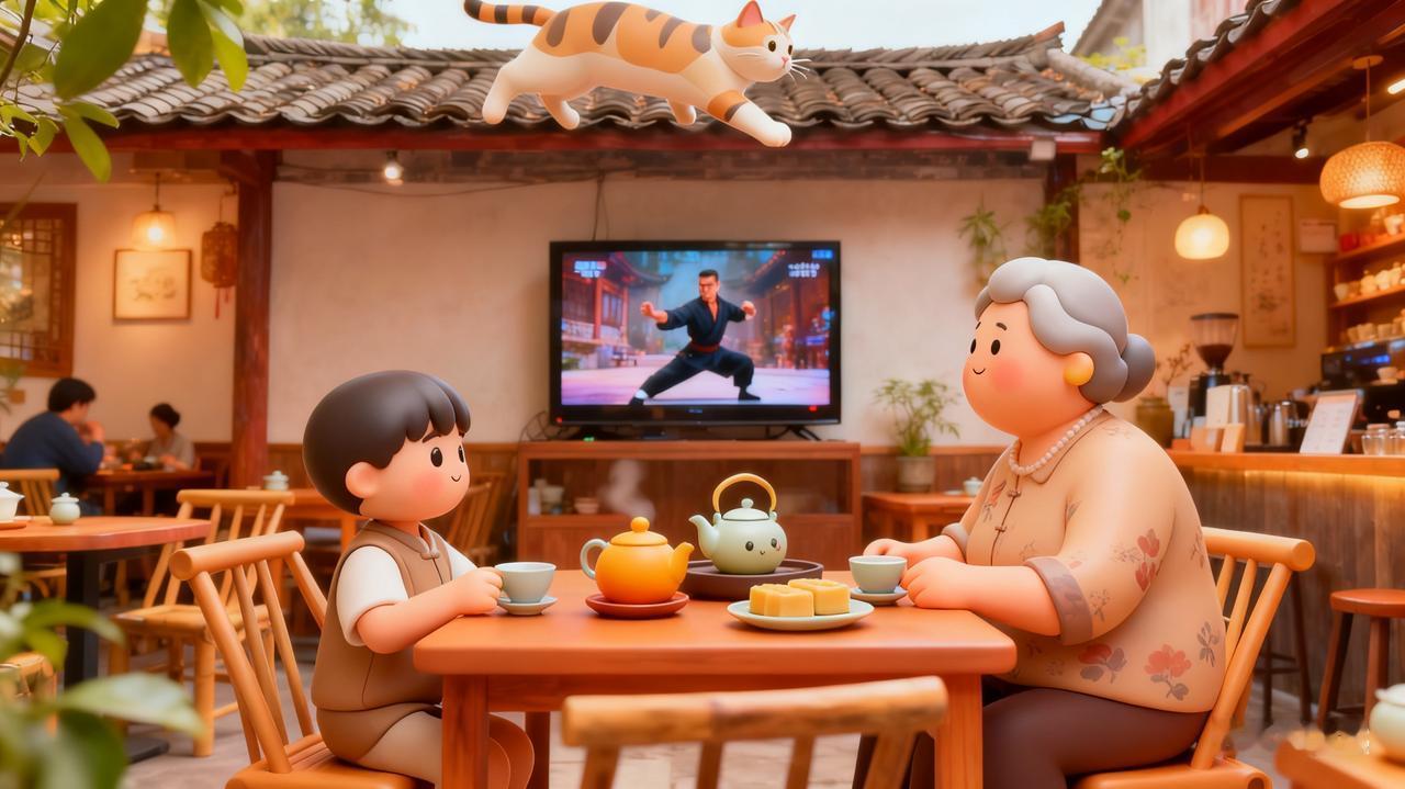 喝着乌龙茶，嚼着冬瓜糕，姑妈跟我聊起功夫片里那只突然掠过的飞猫，特别有意思。
