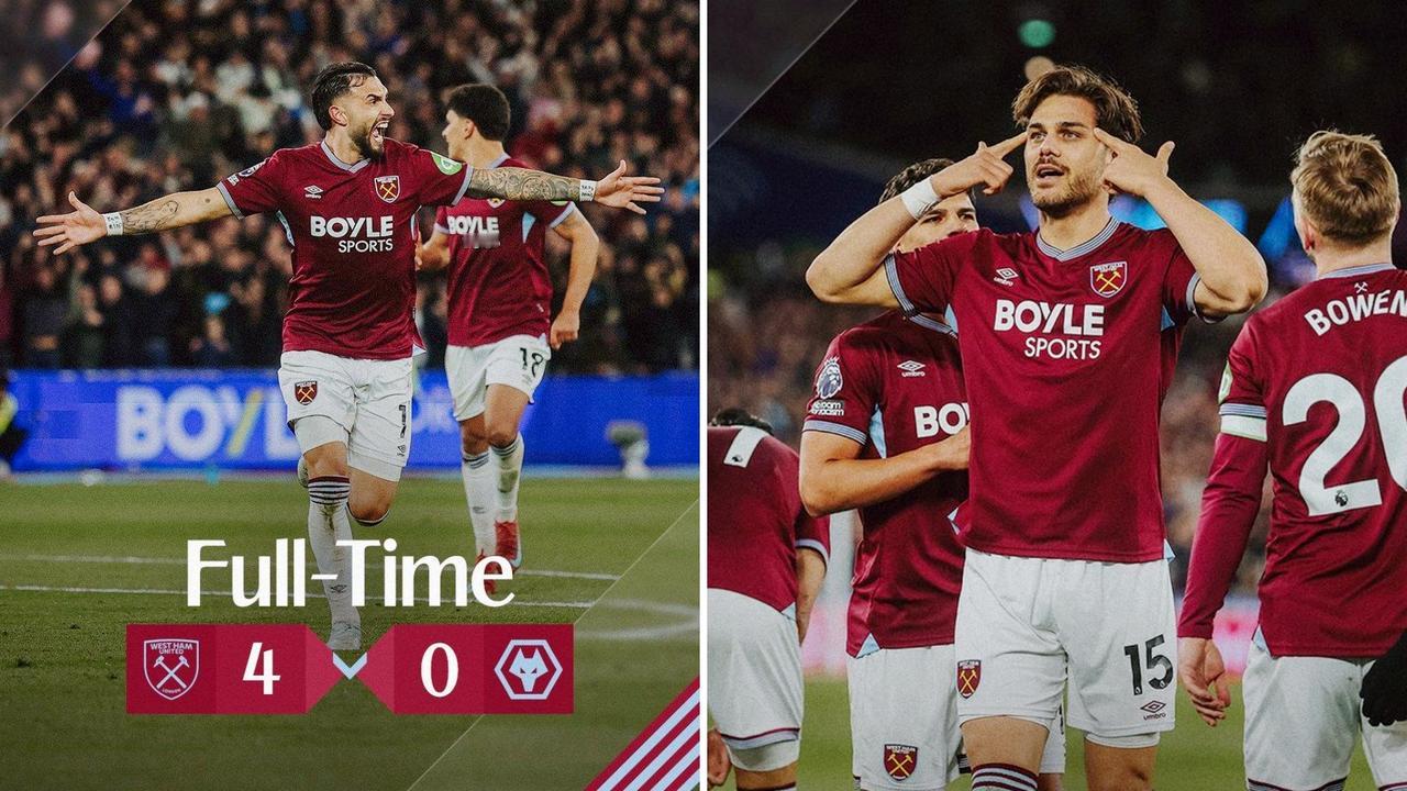 英超：西汉姆联4-0大胜狼队，领先降级区2分。
马夫罗帕诺斯与卡斯特拉诺斯两人上