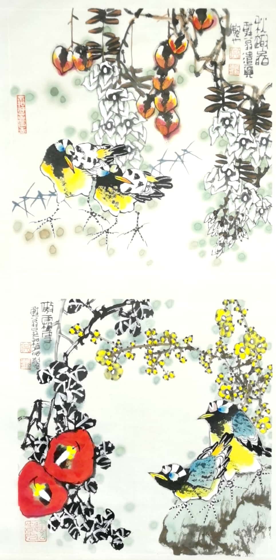 《傲霜枝·双雀伴梅》《傲霜枝》中，蓝黄雀鸟栖于石上，旁有红柿、黄梅绽放。梅枝带霜