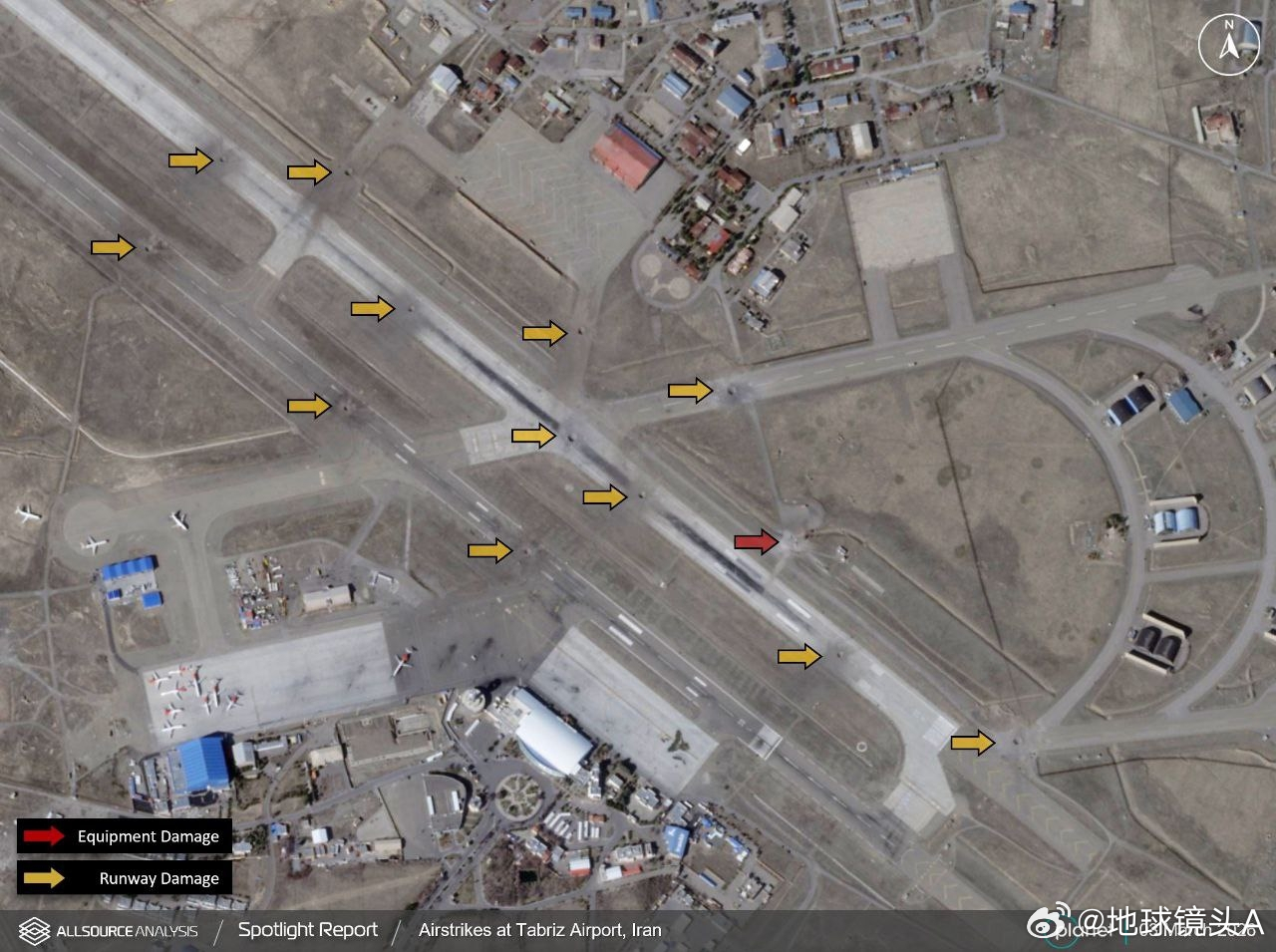 以美袭击伊朗 被美军”战斧”巡航导弹击中的伊朗大不里士国际机场跑道伊朗袭击以国防
