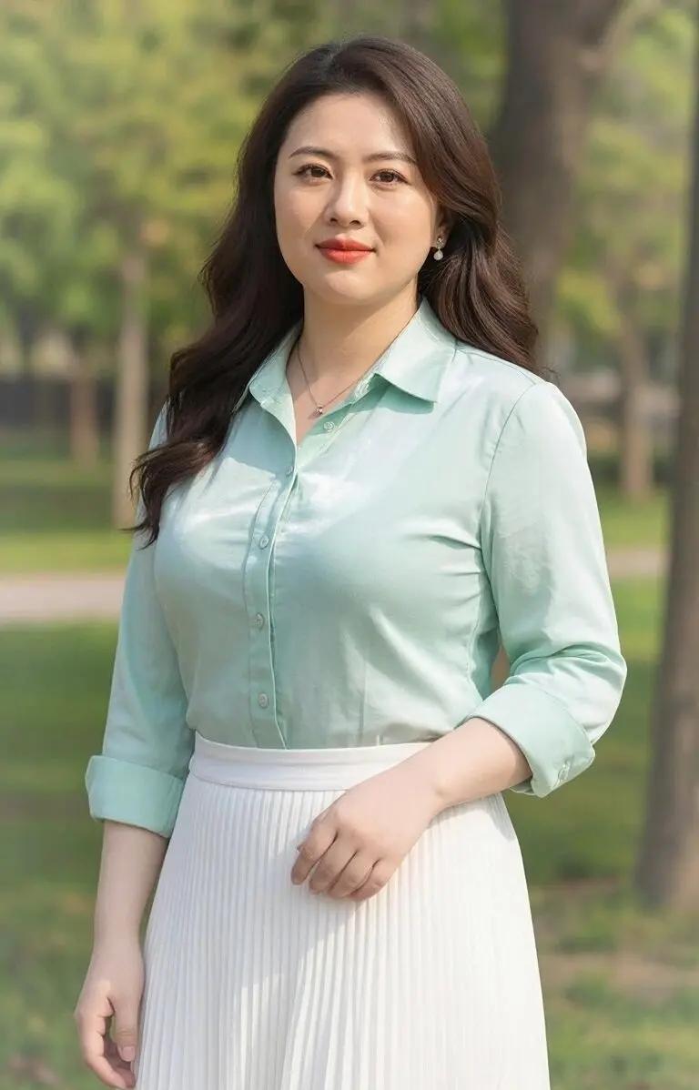 这位女士穿着很清新，确实会让人眼前一亮。就像有小姐姐一身杏色穿搭，那叫一个温柔清