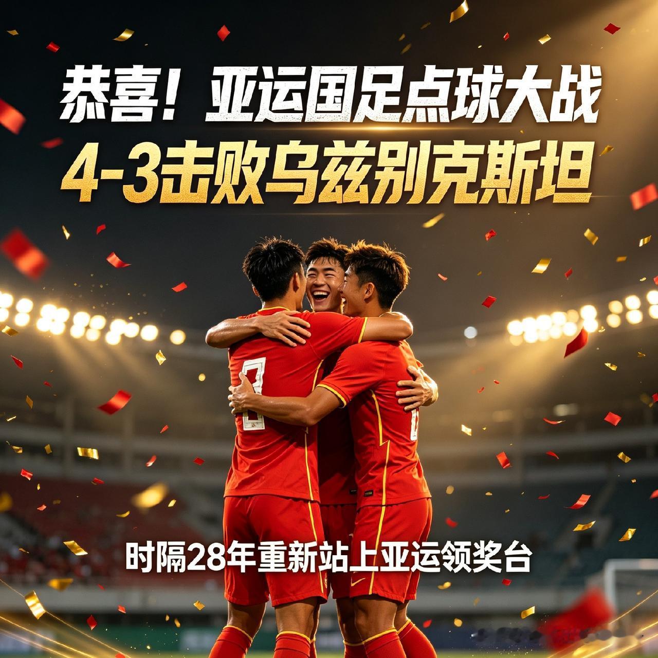 恭喜！亚运国足点球大战4-3击败乌兹别克斯坦，时隔28年重新站上亚运领奖台
亚运