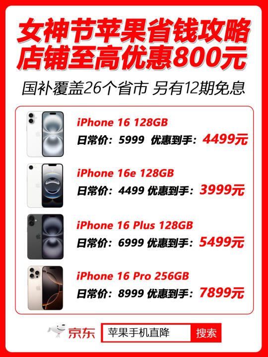 京东国补叠加优惠4499元拿下苹果iPhone 16